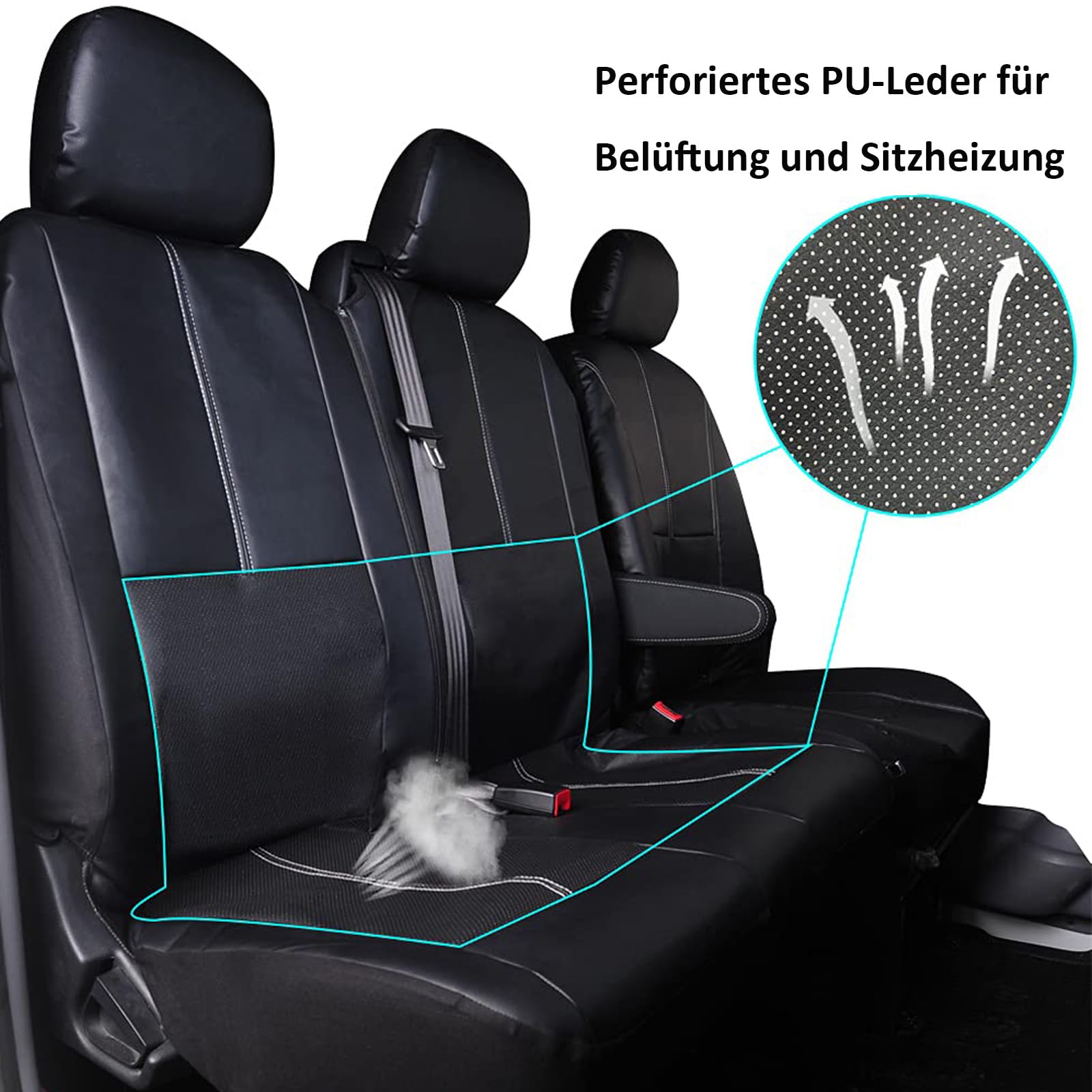 TOYOUN Universal Auto-Sitzbezüge für Transporter LKW Vorn Autositzbezüge Kunstleder Sitzbezug Fahrersitz + 2er Beifahrersitzbank Schonbezüge Schwarz