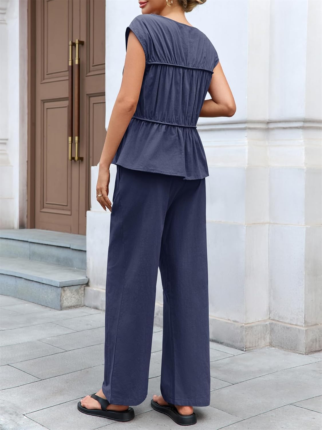 Tankaneo Womens 2 Piece Outfits Pleated Cap Sleeve Babydoll Blouse Wide Leg Pants Cotton Travel Vacation Sets - Image 5