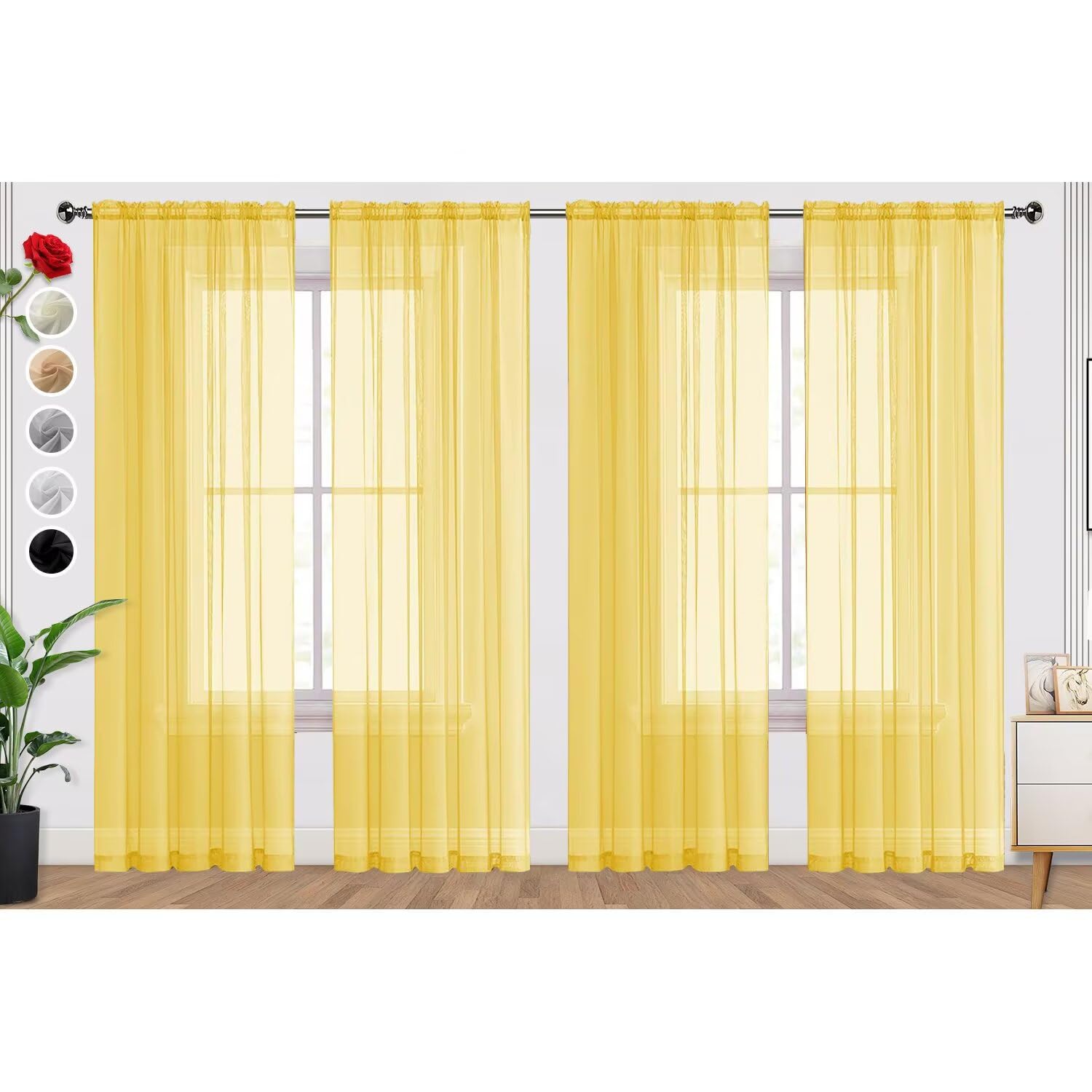 SpaceDresser Yellow Sheer Curtains 4 Panels Rod Pocket Semi-Sheer Curtain 108 Inches Long Light Filtering Voile Window Drapes for Bedroom Living Room Kitchen, Each 52W x 108L โ image 1
