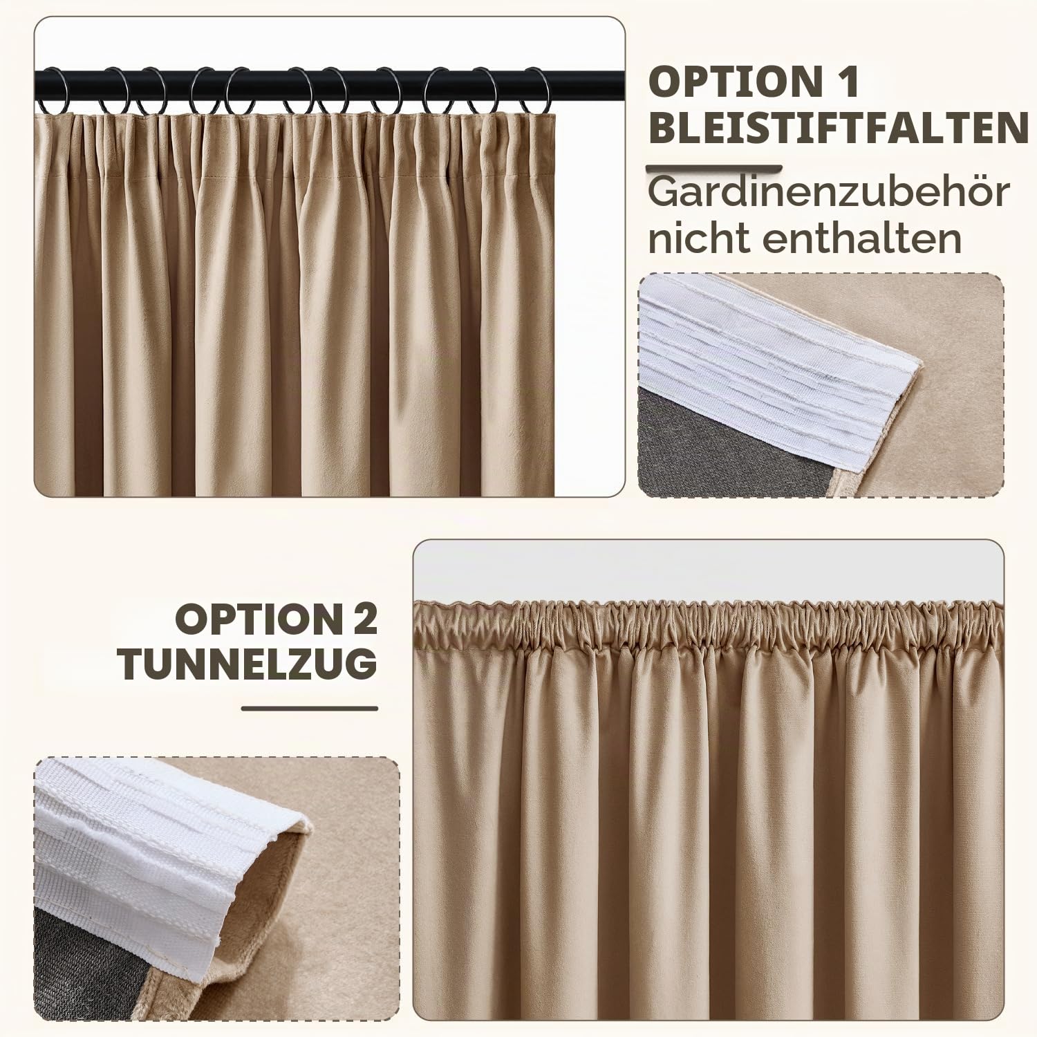 Woaboy Samtvorhang mit Kräuselband Blickdichte Vorhänge 140x245 cm Beige | 2er Set Samt Gardinen Deko Schöne Dicke und Schwere Wohnzimmer Schlafzimmer Verdunkelung Thermovorhang