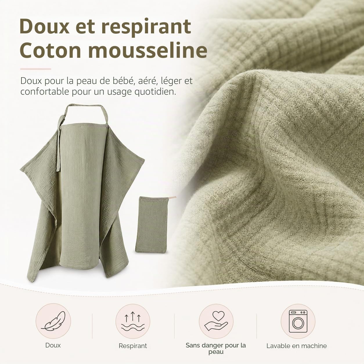 Couverture Allaitement Bébé avec Pochette, Cape d'Allaitement en Mousseline, Tablier Allaitement avec Lanière Réglable, Vêtement Allaitement Femme en Coton, Cache Allaitement Écharpe