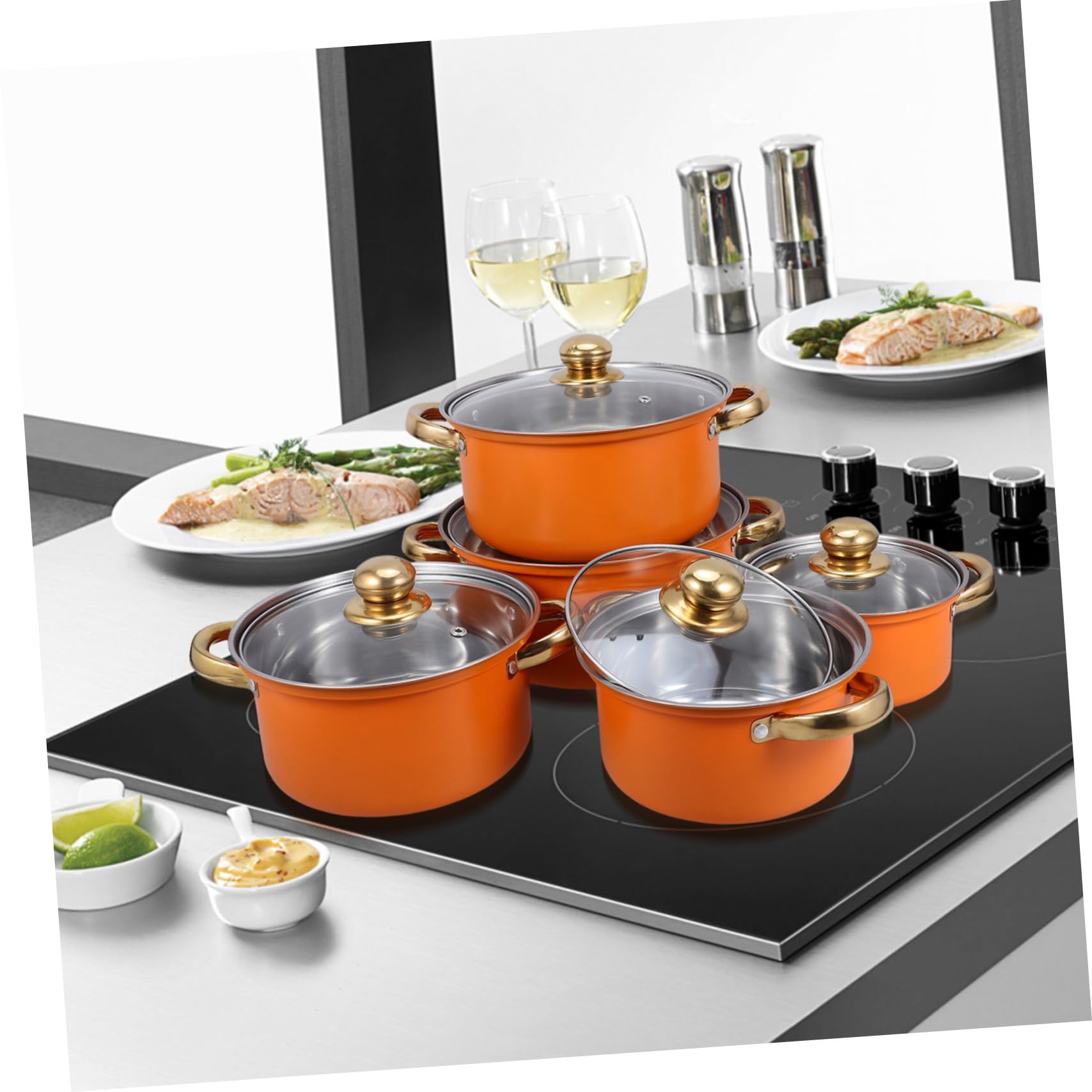 Cabilock Utensilios de Cocina Ollas y Sartenes Antiadherentes Juego de 5 de Acero Inoxidable y Asas Resistentes al Calor con Base Gruesa para Cocina Diaria y Estufas