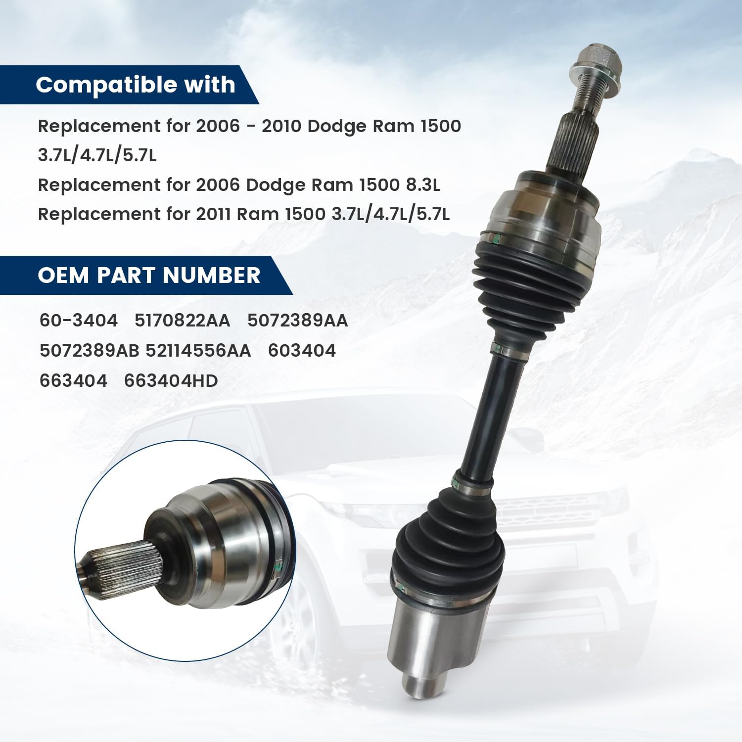 2PCS Front CV Axle Shaft Left & Right Fit for Dodge Ram 1500 2006 2007 2008 2009 2010 Ram 1500 2011 4WD, Pair CV Joint Driveshaft Assembly Front Drive Passenger Side Replace# 60-3404 663404 5072389AA