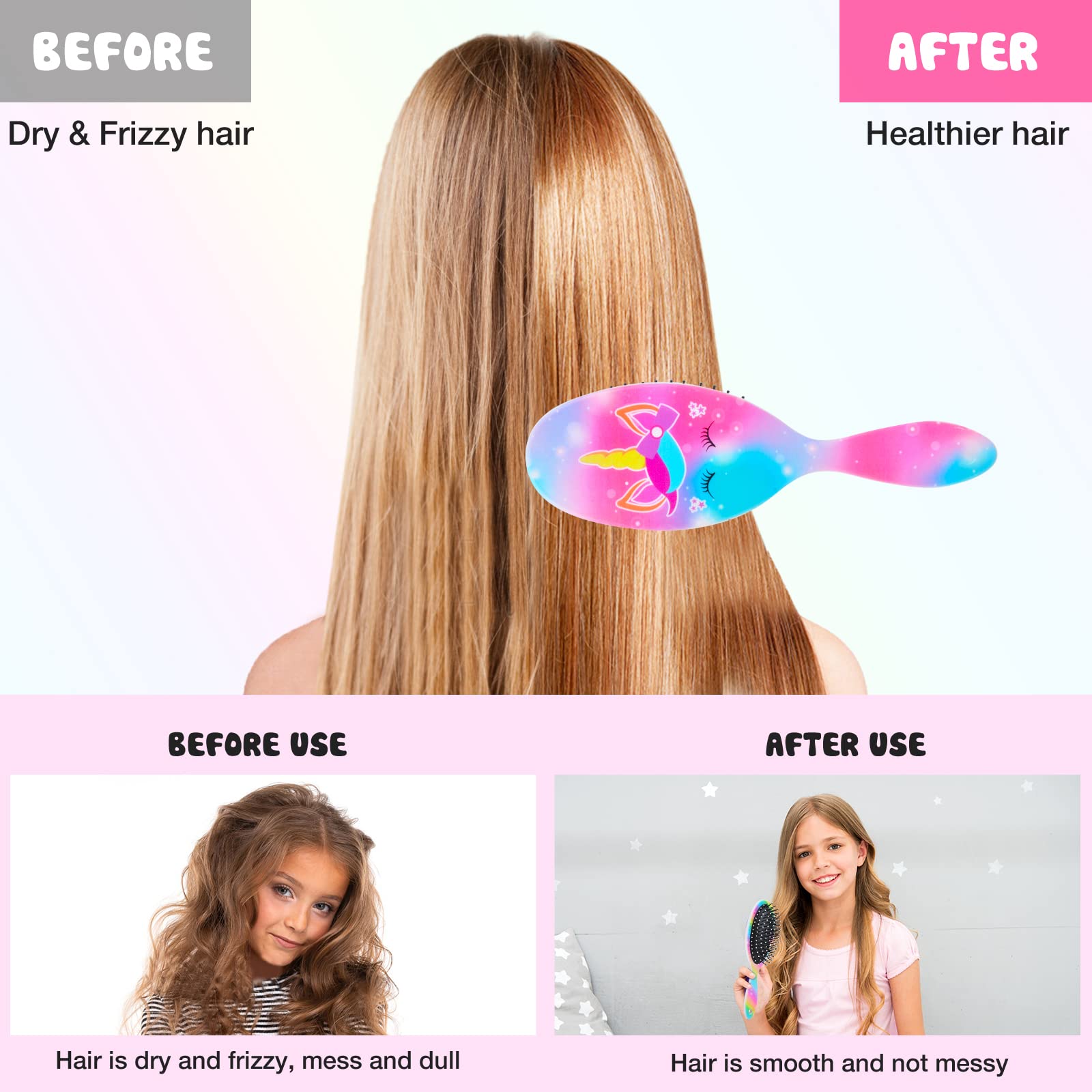 Kids Hair Brush Girls, Toddler Wet Dry Detangling Hair Brush for Curly Thick Hair Pain-Free Comb Girls Kids Women Unicorn Mermaid - Image 3