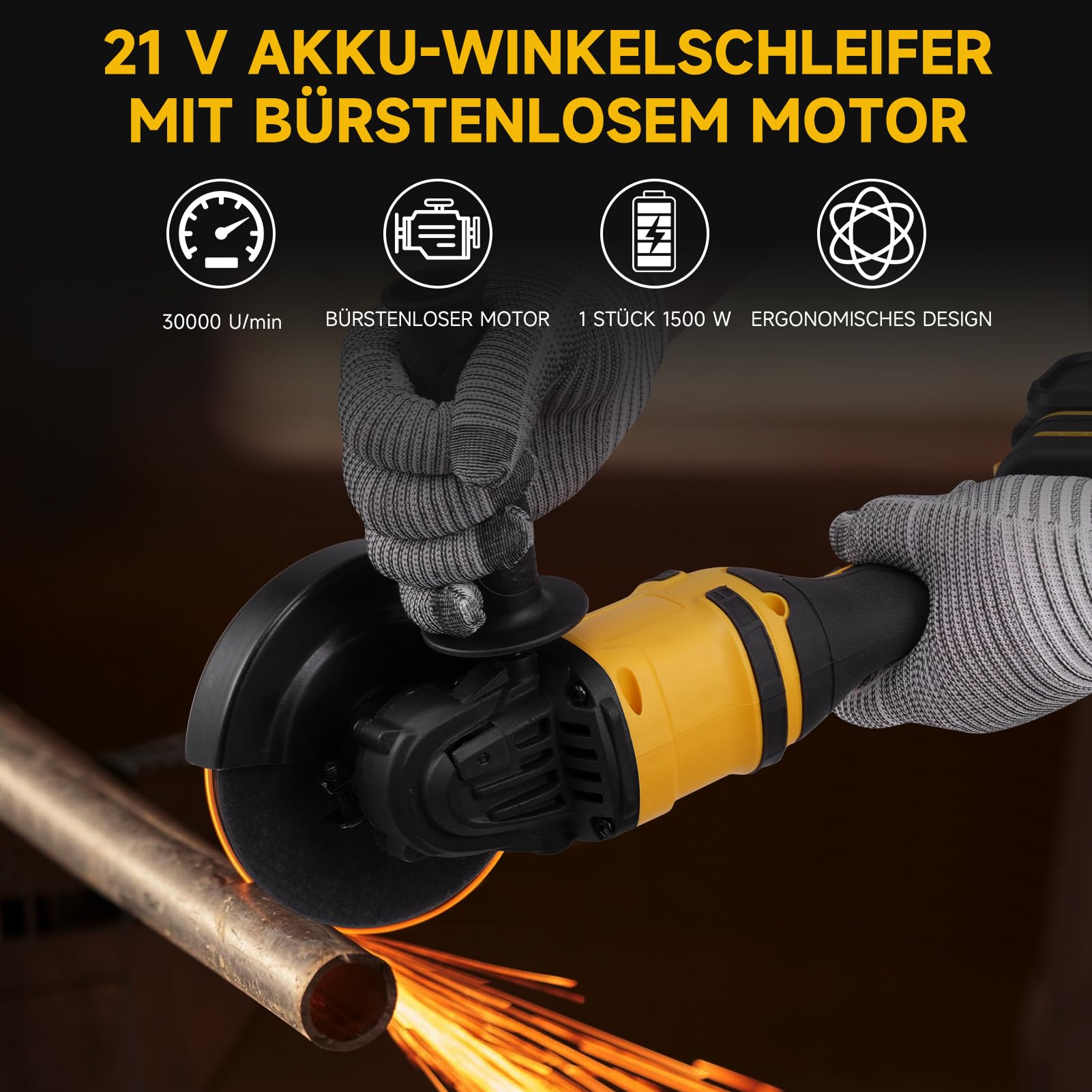 21V Akku-Winkelschleifer mit bürstenlosem Motor, inklusive Akku und Ladegerät, 125-mm-Trennscheiben zum Trennen, Schleifen und Polieren, 30.000 U/min (Eine Batterie)