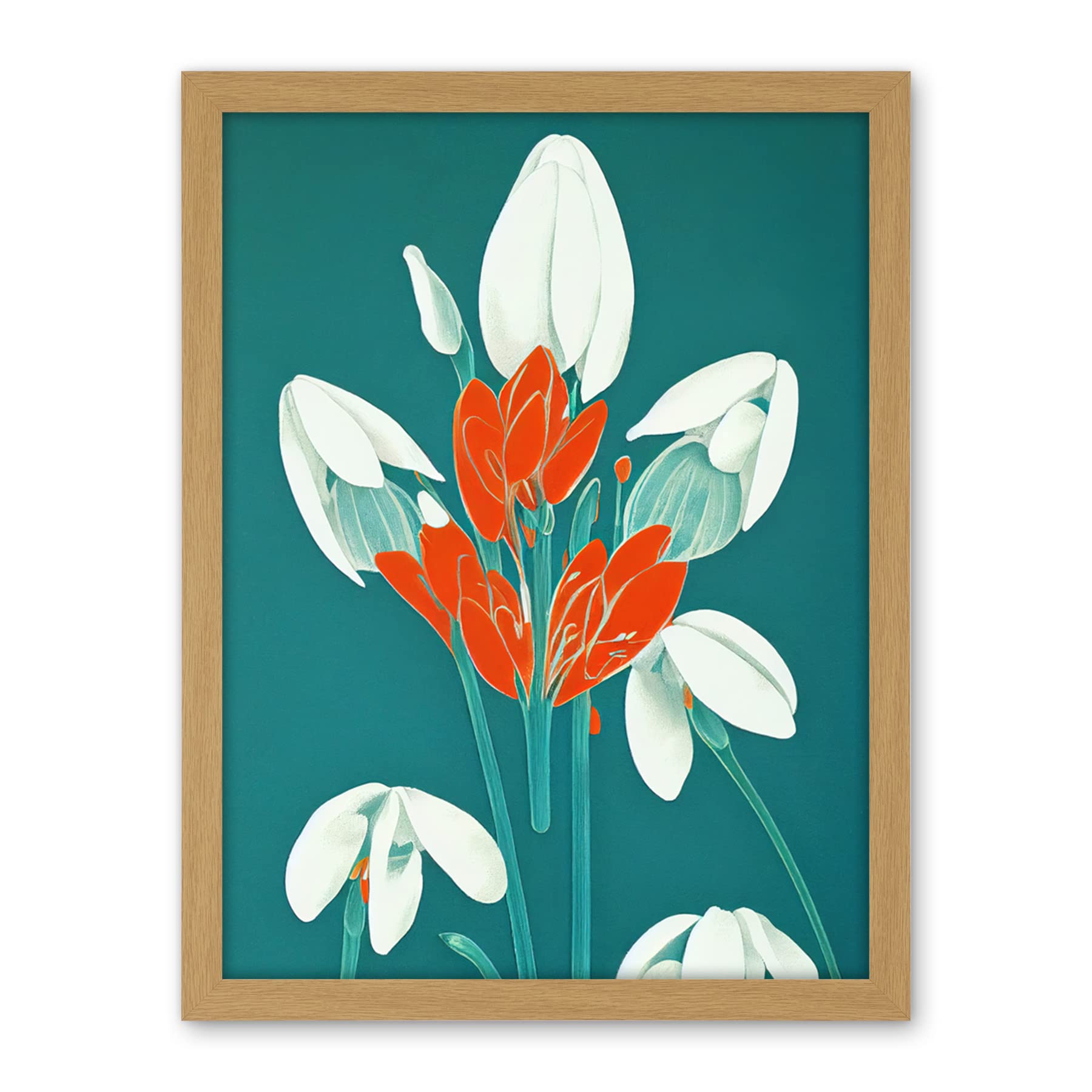 Wee Blue Coo Abstract Snowdrops Red Flowers on Teal Retro Mid Century Style Artwork Framed Wall Art Print 18X24 Inch