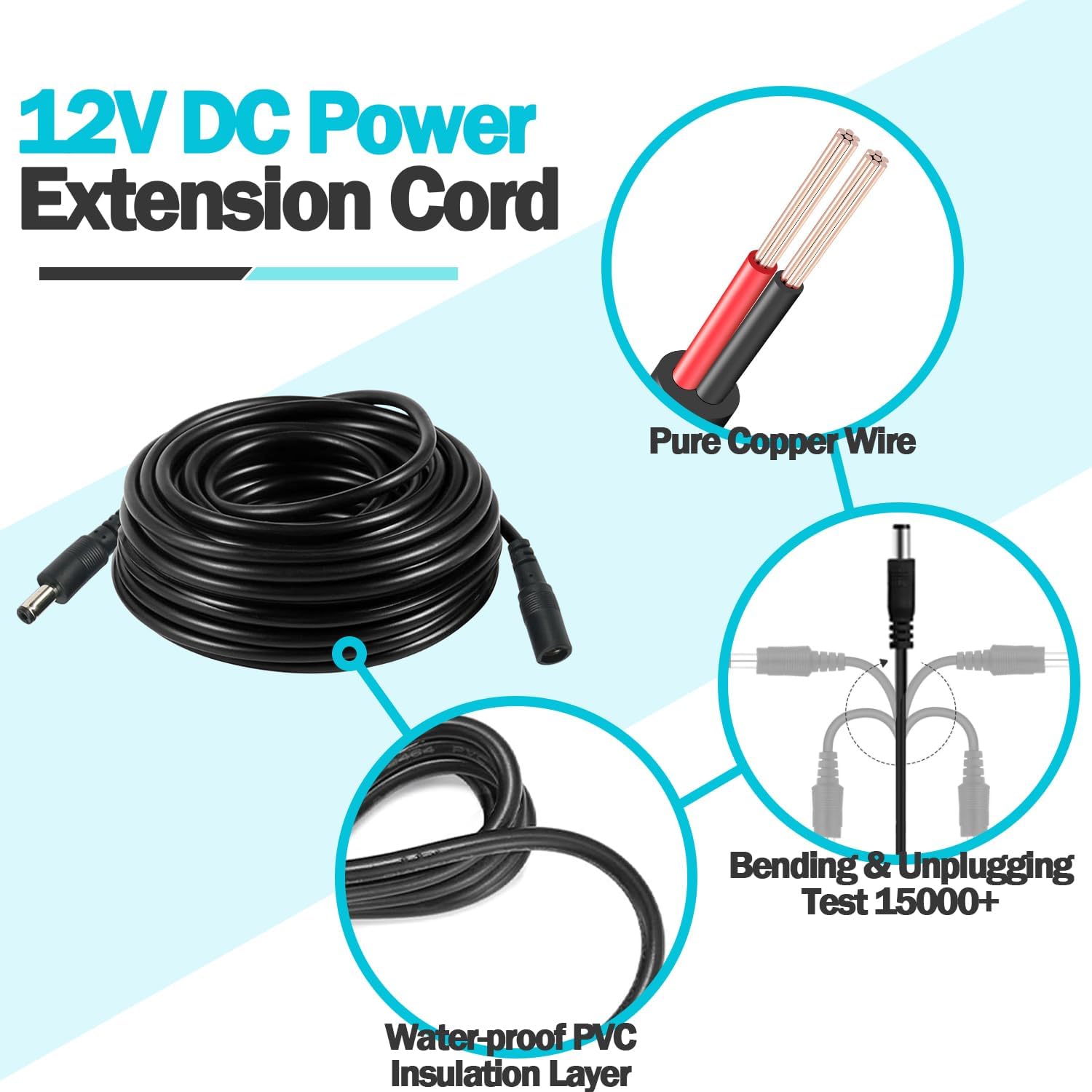 2PCS 16FT(5m) 12V DC Power Extension Cord 5.5mm x 2.1mm for Security Camera CCTV, Router, LED Strip Extension Cable DC 12V Power Supply Plug Adapter OLA013