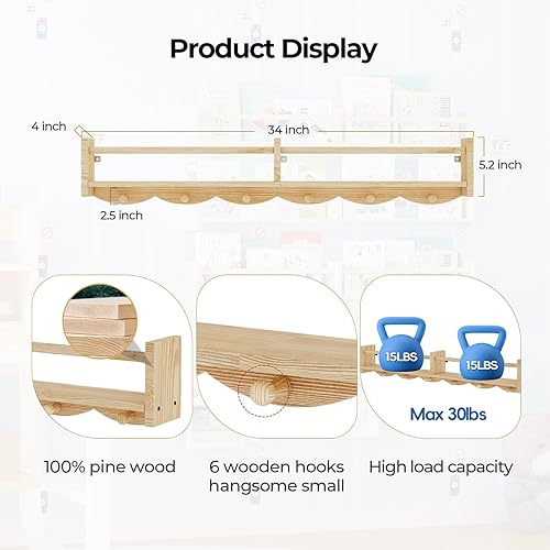 Miniatura 4 de Estantes para libros de guardería de 34 pulgadas montados en la pared, estante flotante para libros para niños con 6 ganchos, estante colgante de