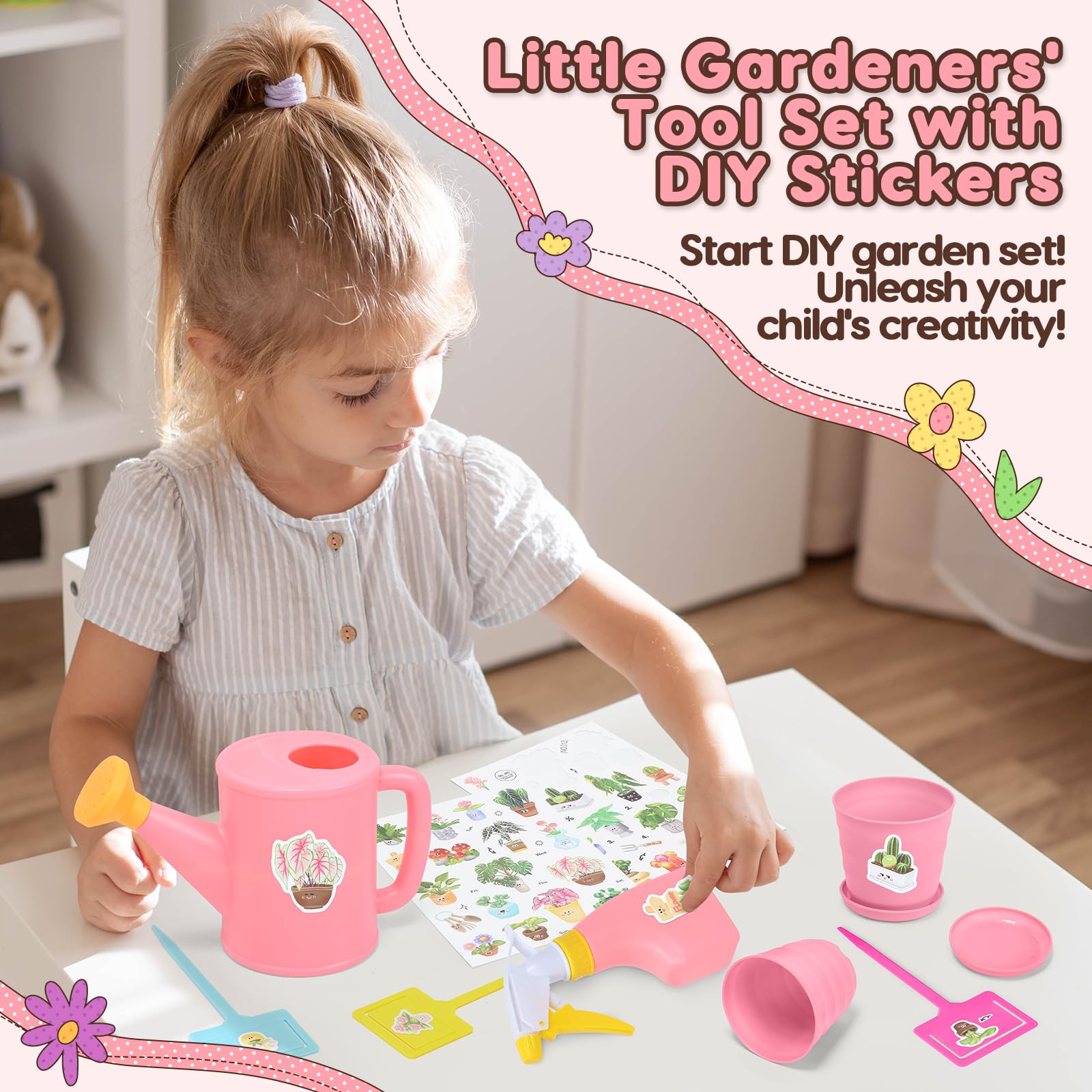 CUTE STONE Set Di Attrezzi Da Giardino per Bambini, Kit Giardinaggio Bambini Include Grembiule, Guanti Da Giardino, Paletta Giardinaggio, Borsa Da Giardinogiocattoli da esterno per bambini (Rosa).