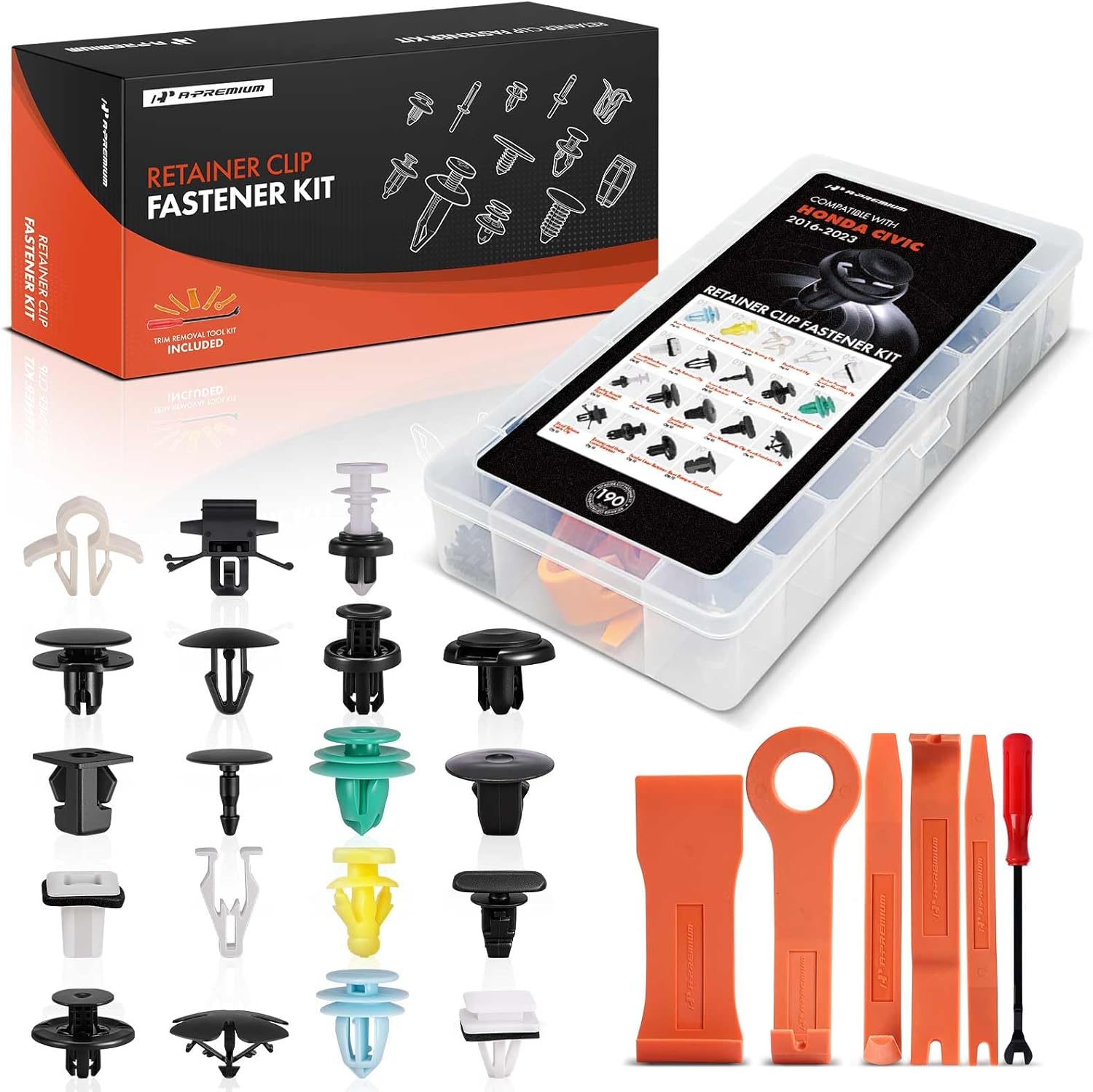 A-Premium 190Pcs 38.08 oz Nylon Bumper Retainer Clips Fender Fasteners Door Trim Panel Retainer Under Cover Auto Push Pin Plastic Rivets Kit Compatible with Honda Civic 2016-2023, with Removal Tool