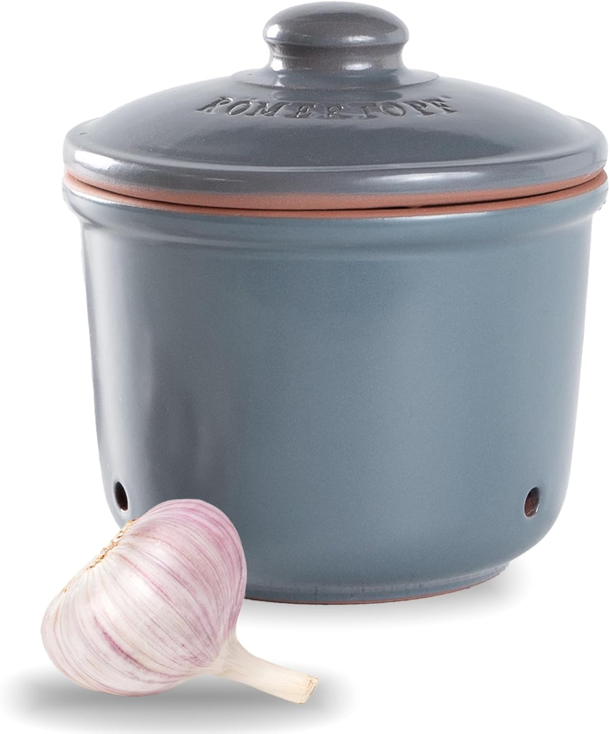 Romertopf Garlic Storage Pot with Lid – Ventilated Clay Container, Keeps Garlic Fresh, Blue-gray