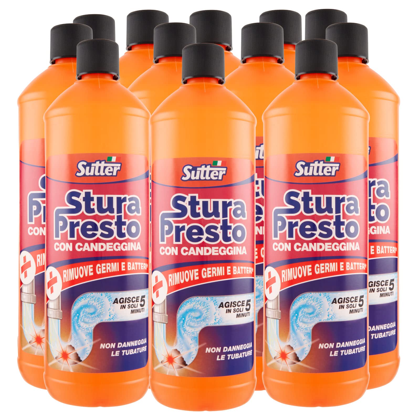 12x Sutter Stura Presto Disgorgante Gel con Candeggina per Scarichi Lavandini e Vasche da Bagno - 12 Flaconi da 1 Litro ognuno