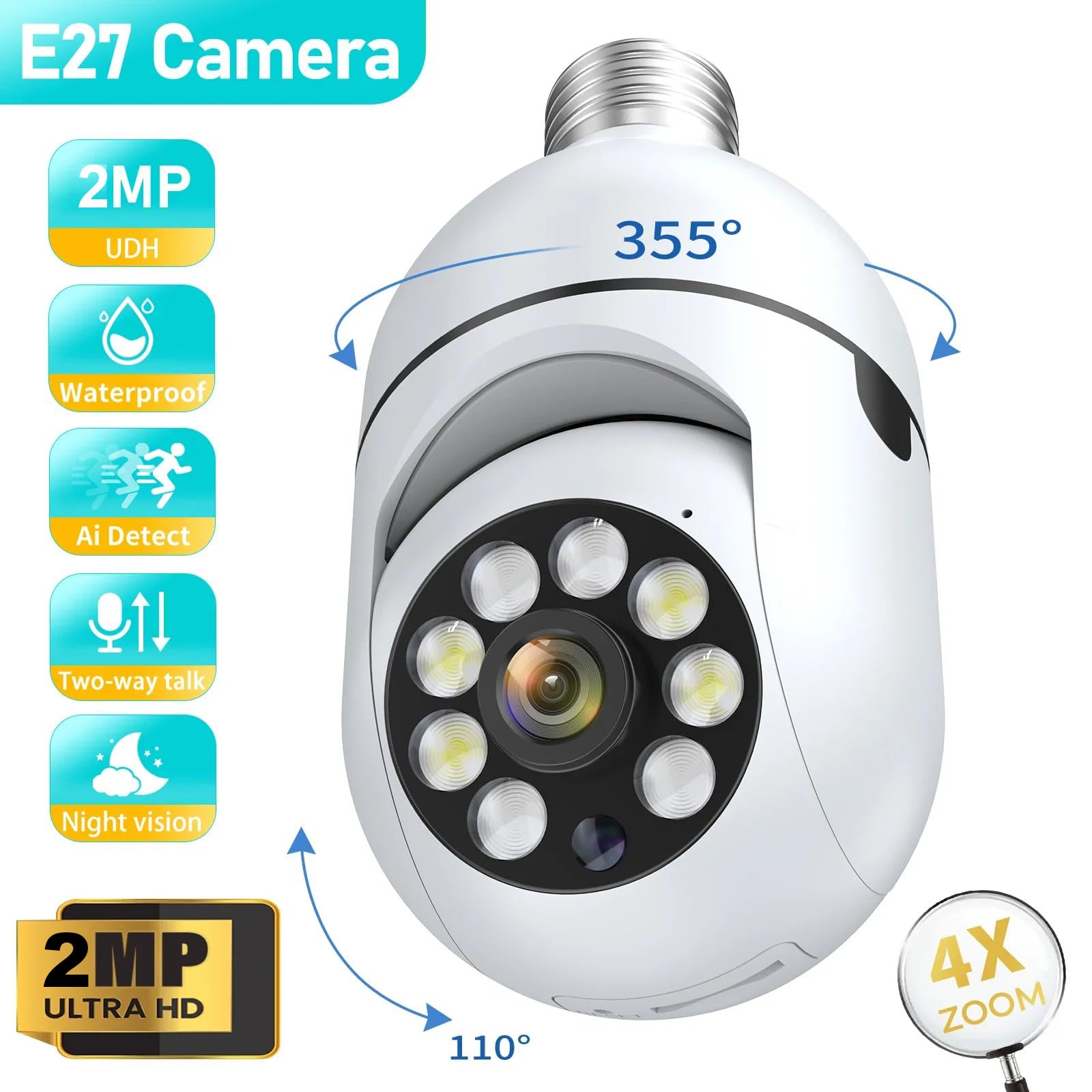 EVERSECU Lot de 4 ampoules sans fil 1080p avec caméra de sécurité, WiFi 2,4 g et 5 g, suivi automatique, audio bidirectionnel, vision nocturne intelligente, compatible ONVIF et RTSP, fonctionne avec