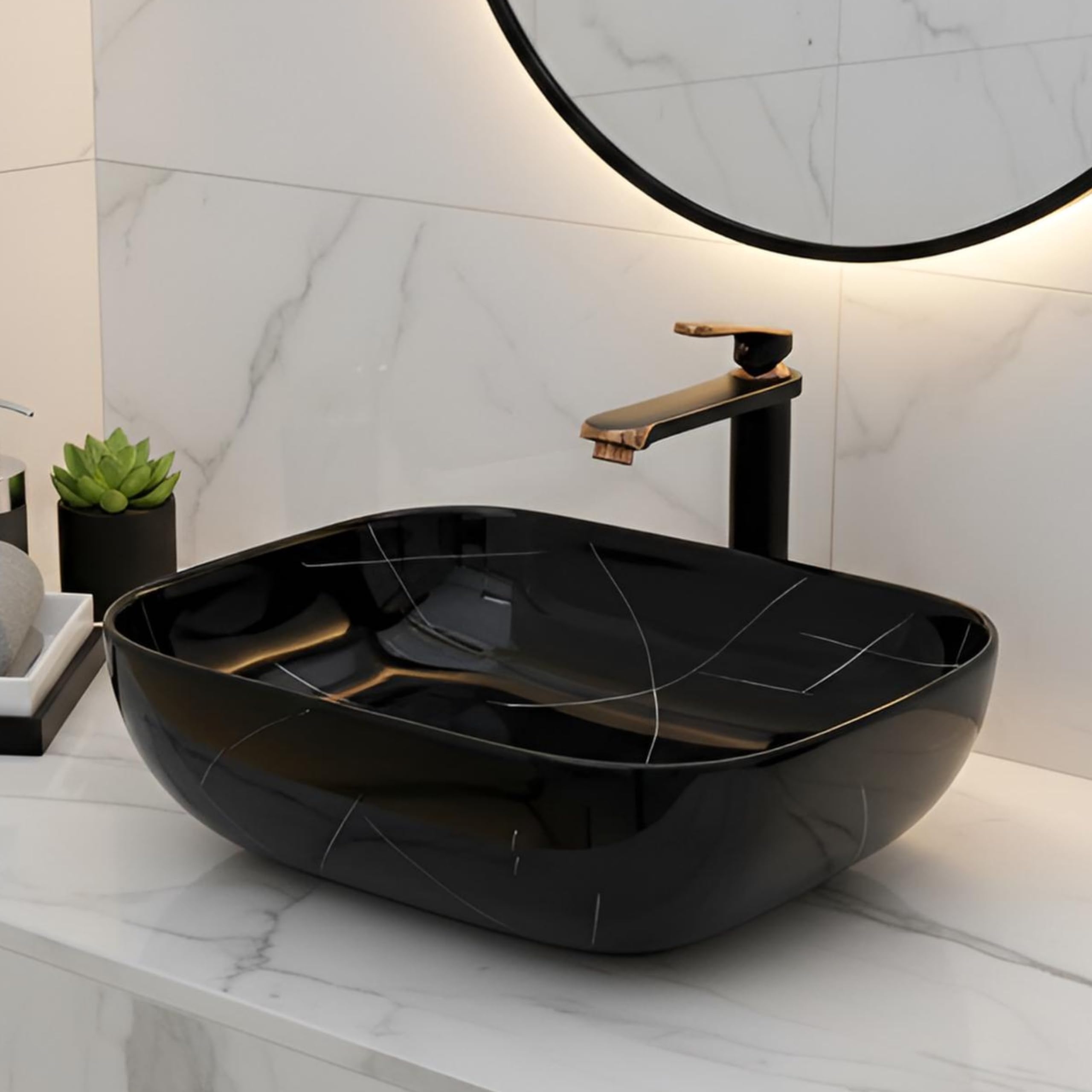 18x13x5.5 Inches Black Rectangular Ceramic Tabletop Wash Basin with White Marble Veins/10 Years Glazing Warranty/Countertop Sink for Dining Room, Living Room/Designer Bathroom Basin(Glossy)