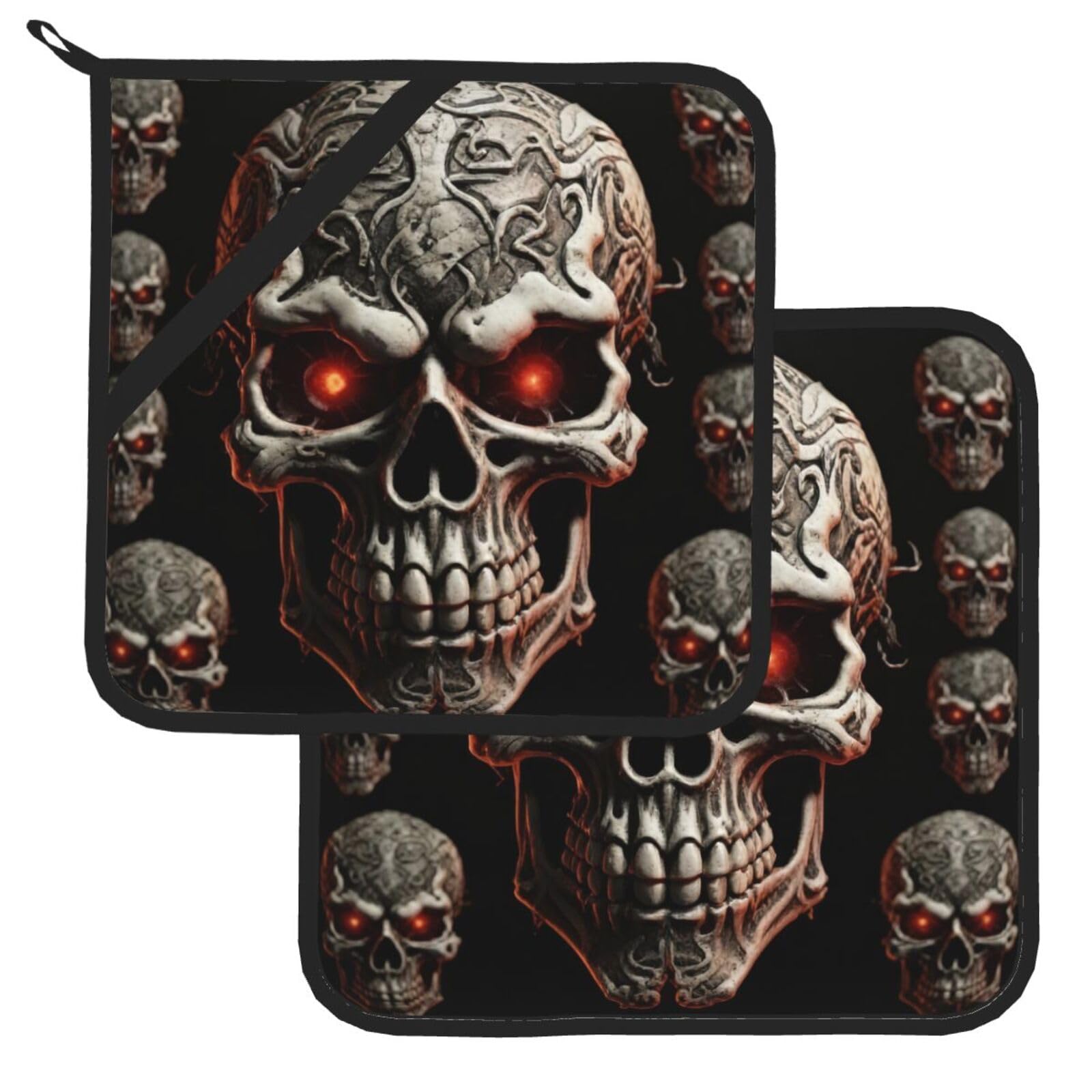 Pot Holder Set of 2 Heat Resistant Potholders Evil skull Pot Holders Non Slip Kitchen Trivets Cooking Hot Potholder Washable Oven Mitts Oven Hot Pads for Kitchen Baking BBQ