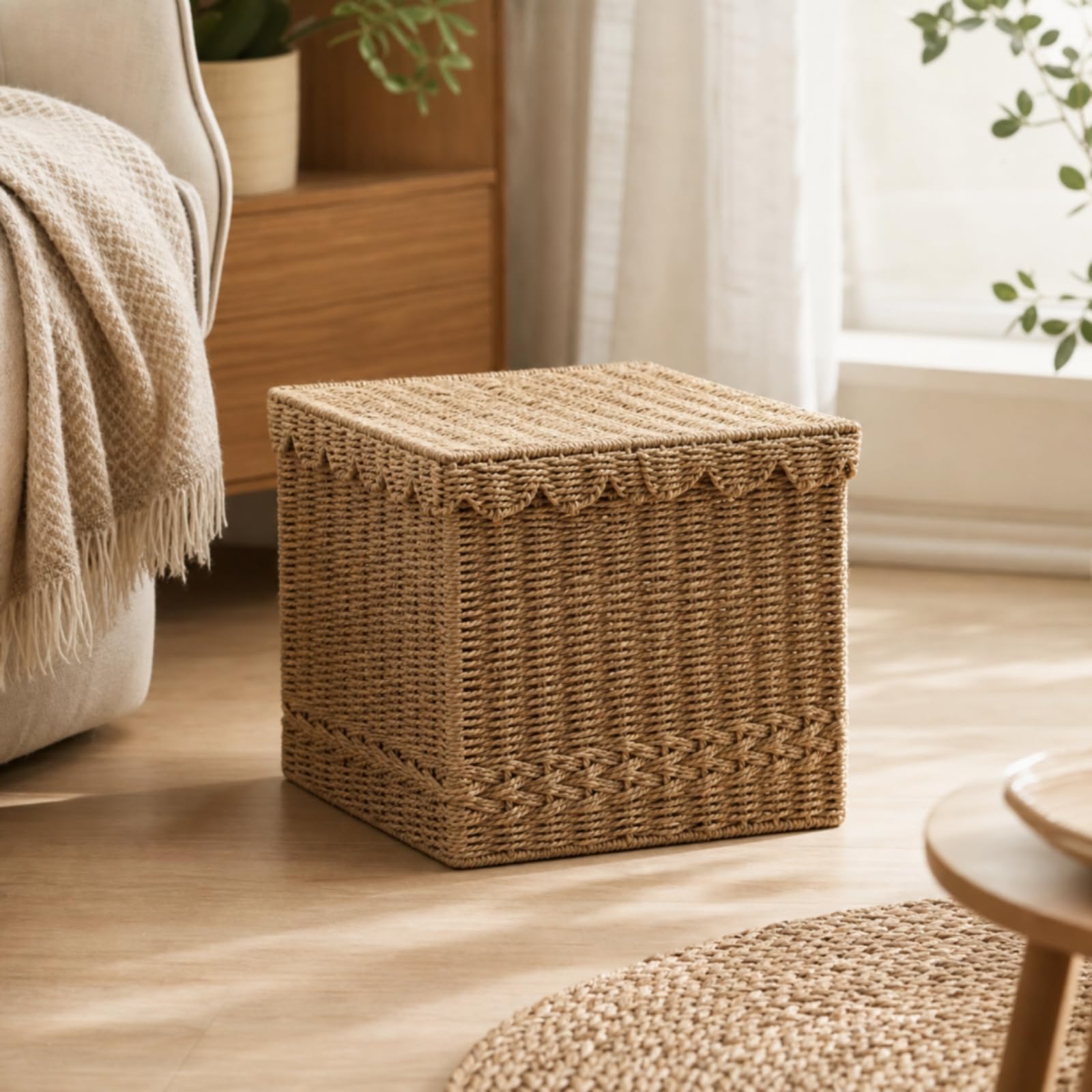 Baoblaze Cesto Portabiancheria Cesta Contenitore Paniere con Coperchio in Corda Intrecciata con Pizzo E Fodera Interna Adatto Cameretta 42cmx40cmx35cm