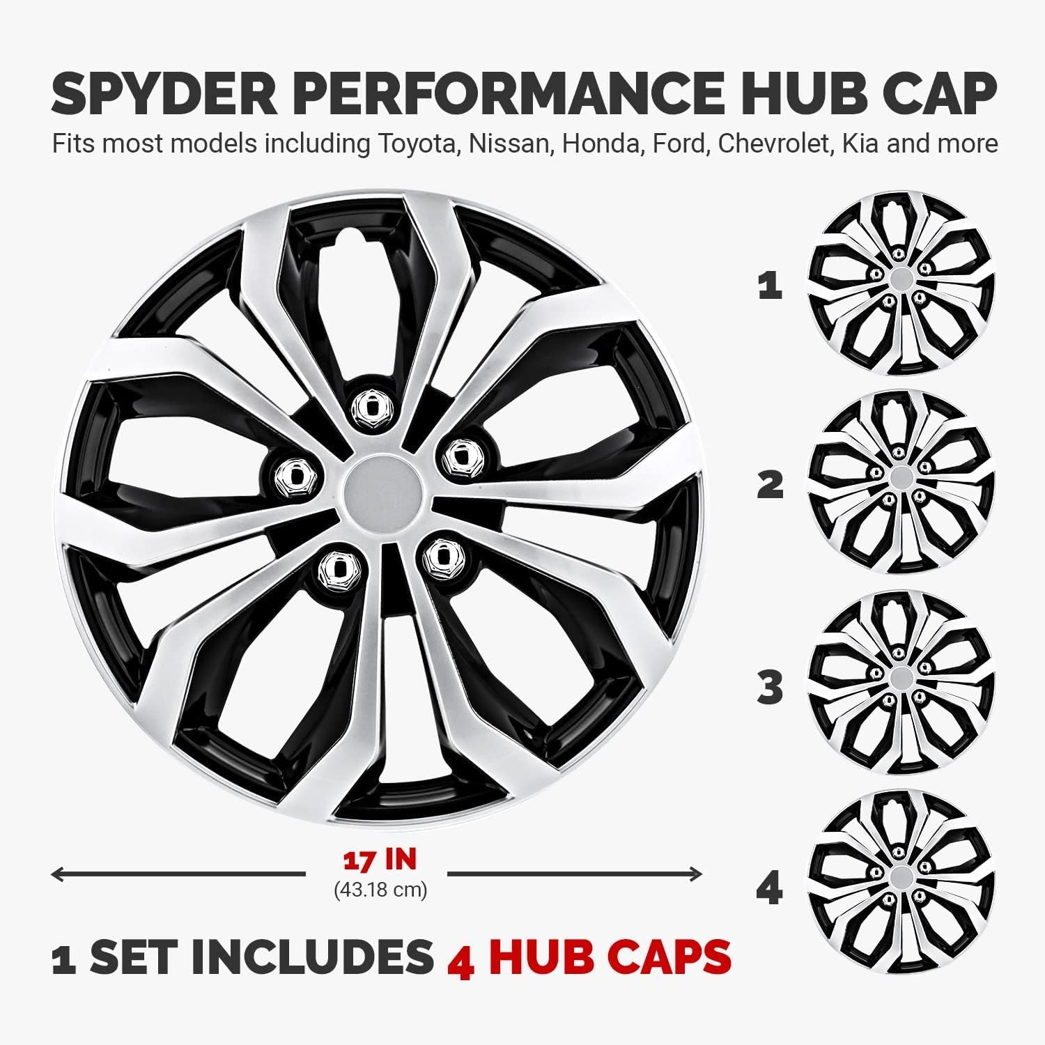 Pilot Automotive WH553-17S-BS 17 Inch Spyder Black & Silver Universal Hubcap Wheel Covers For Cars - Set Of 4 - Fits Most Cars