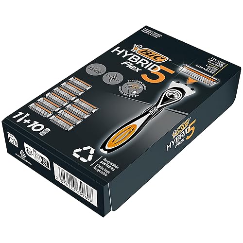 Miniatura 3 de BIC Hybrid 5 Flex - Maquinilla de afeitar recargable para hombre, 1 mango pesado y 10 repuestos de titanio Nano-Tech de 5 cuchillas con cuchilla de