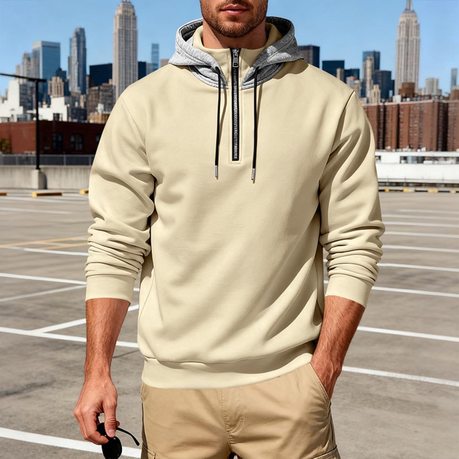 Mens Quarter Zip Hooded Sweatshirt Long Sleeve Loose Stand Collar Hoodies Trendy Casual Fall Winter Pullover Hoodie