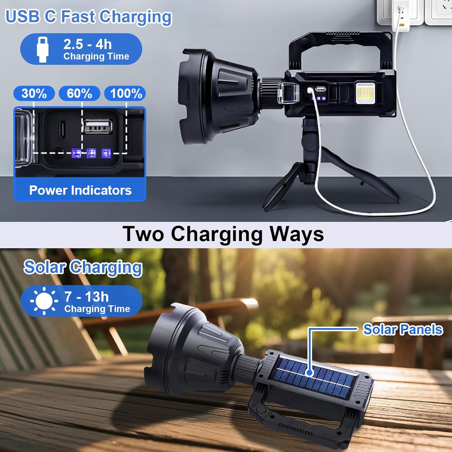 Rechargeable Handheld Spotlight, 2,000,000L Super Bright LED Solar & High Powered Spot Light with 6 Modes, 3 Color Lenses, COB Side Light, USB C, Waterproof for Outdoor Emergency Hunting