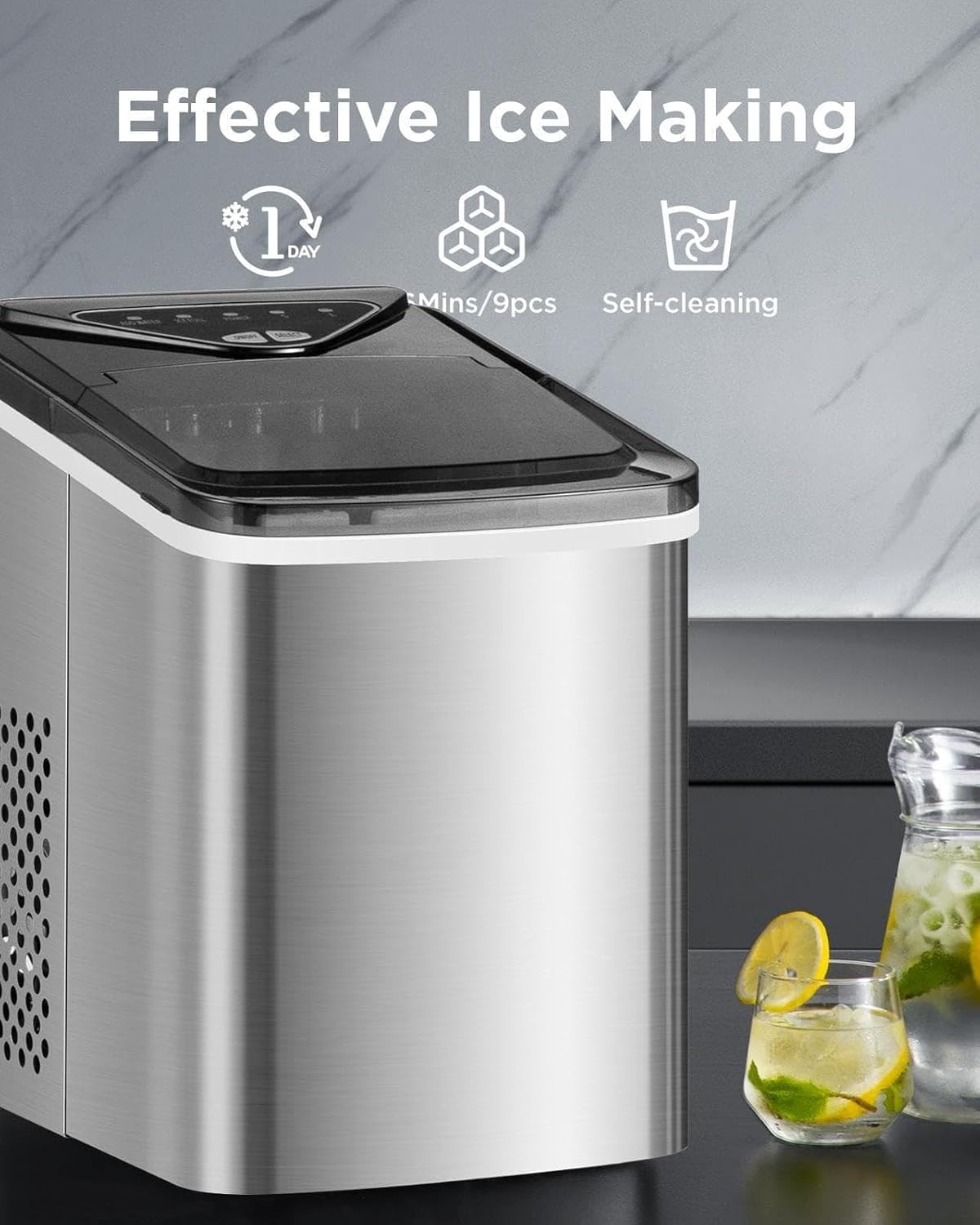 Silonn Countertop Ice Maker, 9 Ice Cubes in 6 Mins, 26 Lbs in 24 Hrs, Compact Ice Machine with Ice Basket & Scoop, 2 Ice Sizes Self-Cleaning Ice Maker for Home/Party/Office, Stainless Steel
