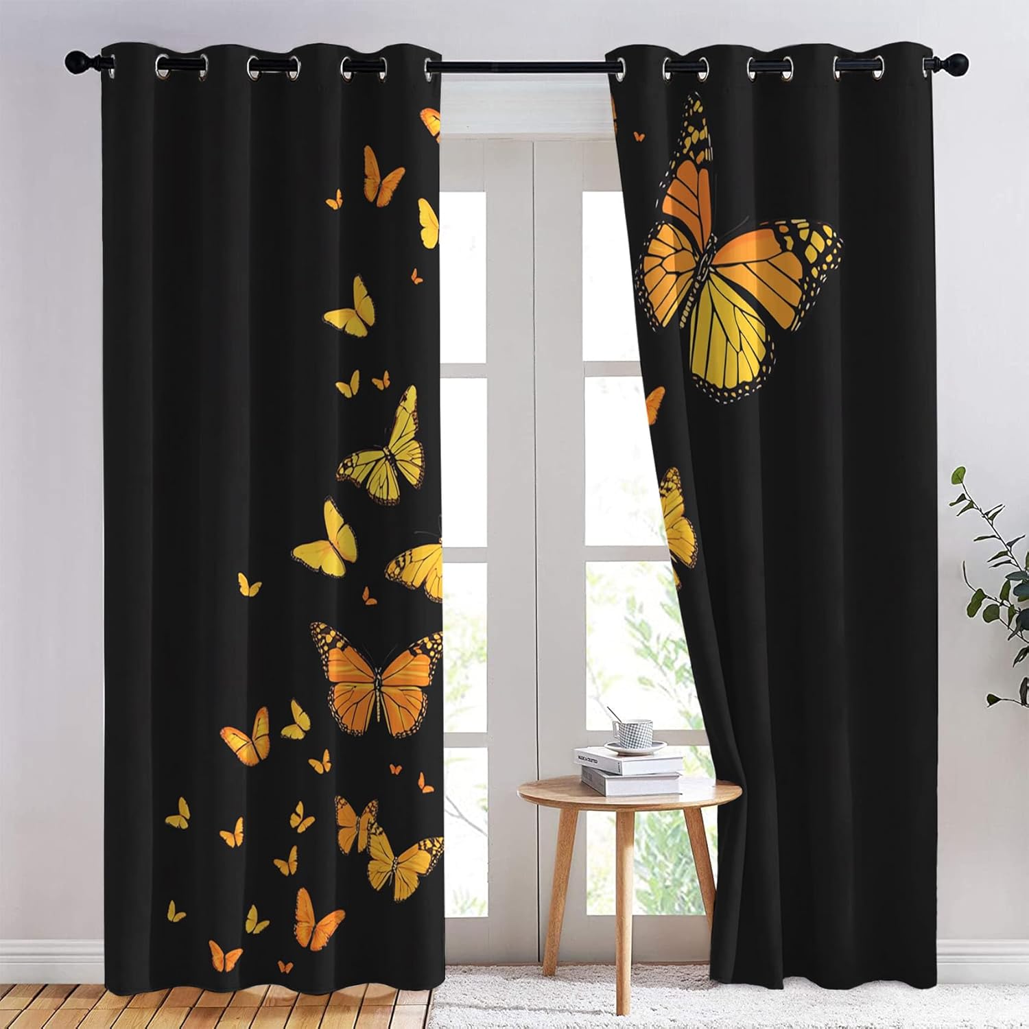 Butterfly Curtains Blackout, Thermal Insulated Room Darkening Grommet Drapes for Bedroom & Living Room, Girls Yellow Butterflies Window Curtains & Home Decor, 63 Inch Drapes 2 Panel Set