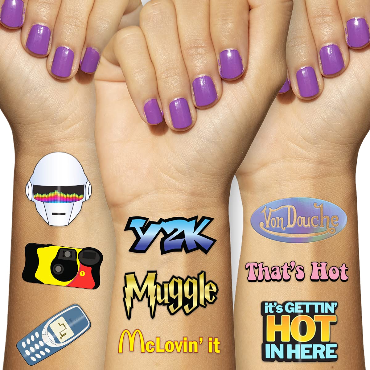 Throwback 2000s Y2K Theme Temporary Tattoos - 4 Sheets - Funny 2000s Party Favors, Decorations and Supplies