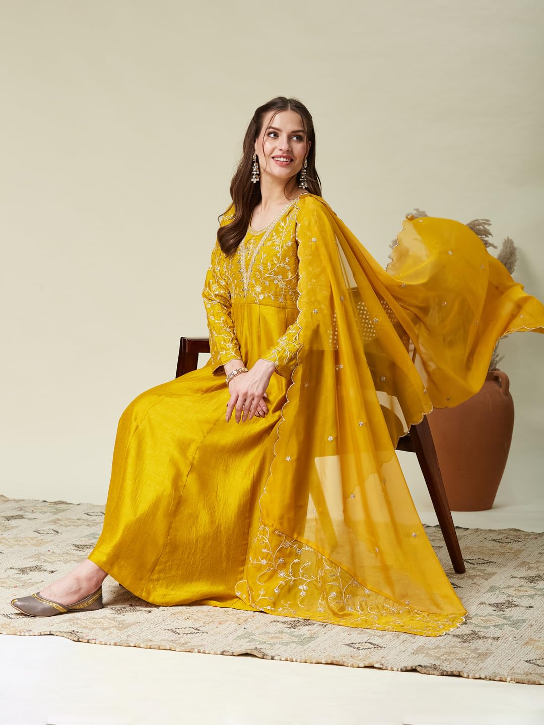 MOKOSH Women's Embroidered Mustard Anarkali and Pant with Dupatta Set-471-02-L - Image 7 thumbnail
