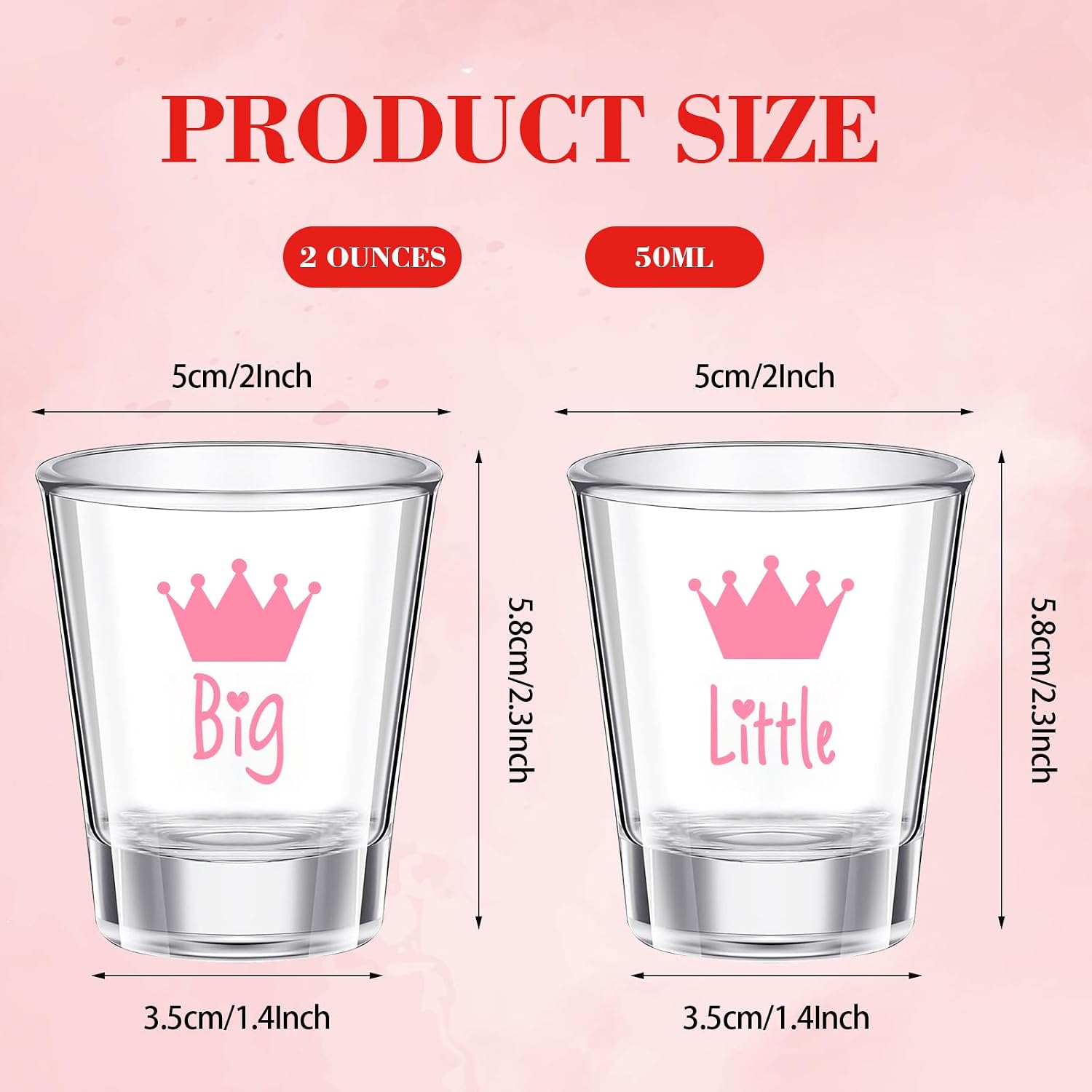 4Pcs Sorority Big Little Shot Glasses 2oz Tequila Glass With Heavy Base - Mini Cups for Big Sister Little Sister Drinking Glassware, Pink