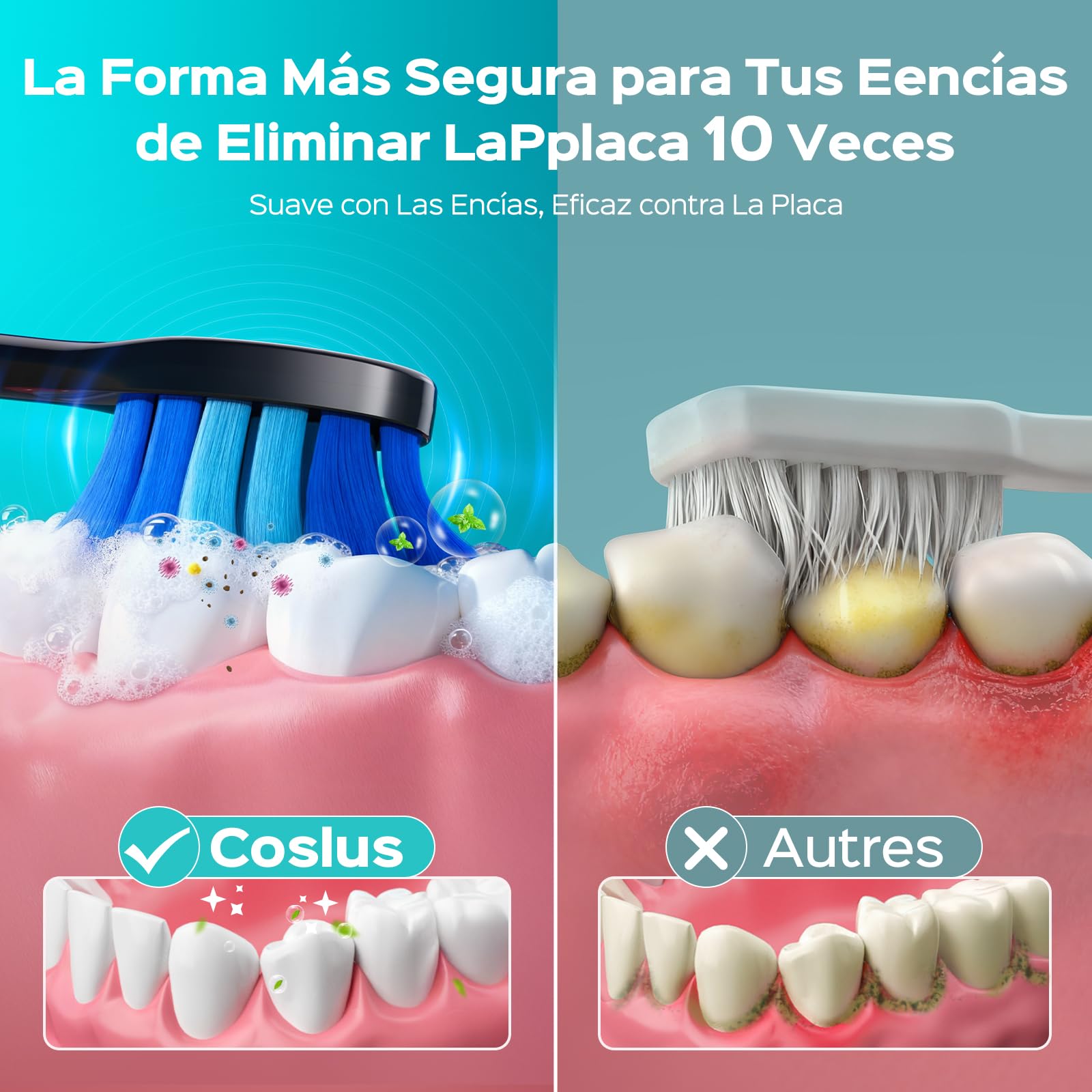 COSLUS C30 Cepillo de Dientes Eléctrico Sónico: 5 Modos con 3 Niveles de Intensidad - Diseñado para Dientes Sensibles - Adecuado para uso Doméstico o de Viaje - Dos Tipos de Cabezales de Cepillo