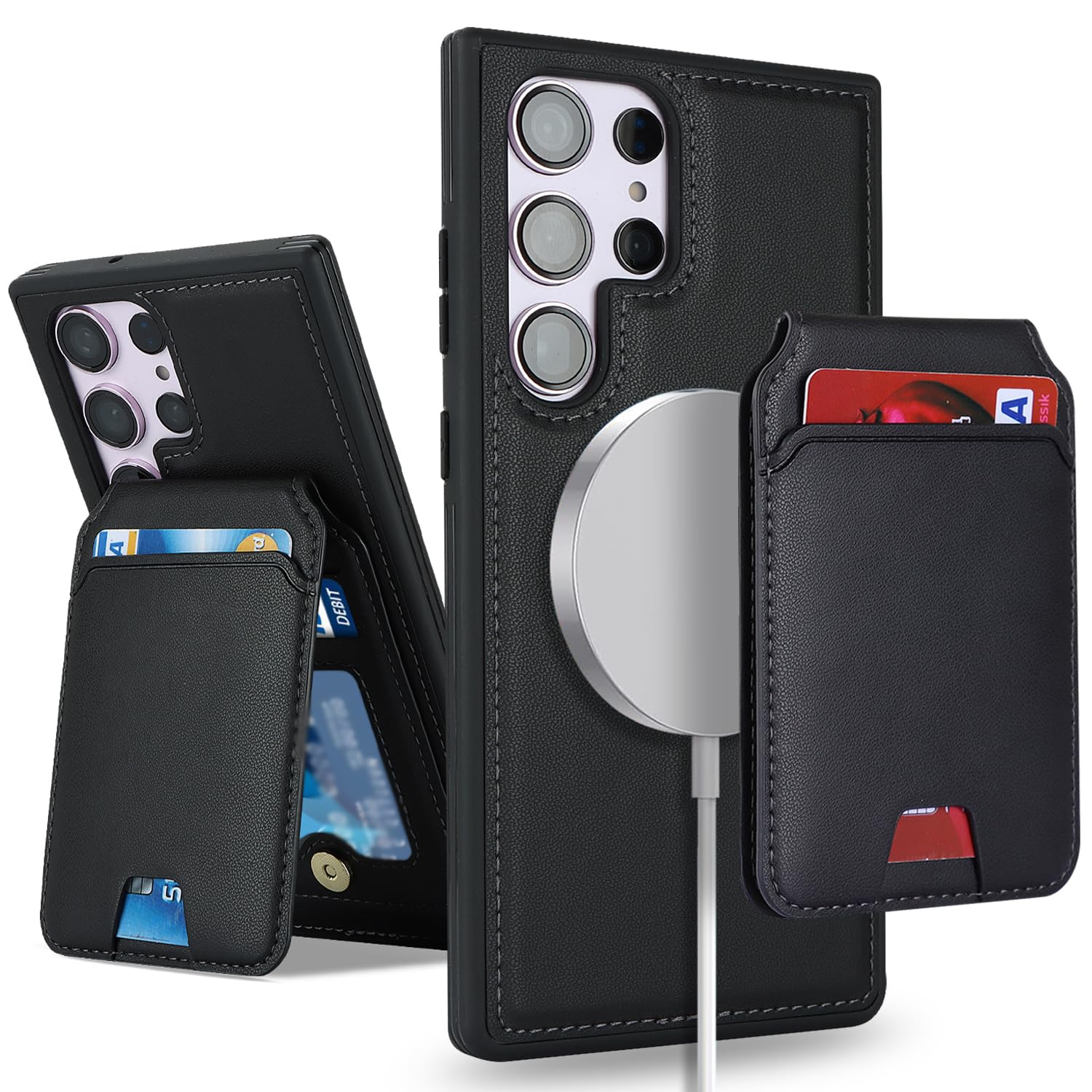 SailorTech Samsung Galaxy S23 Ultra case with Credit Card Holder mag Safe, Galaxy S23 Ultra Phone Leather Case Wallet for Women Compatible mag Safe Wallet Detachable 2-in-1 for Men-Black