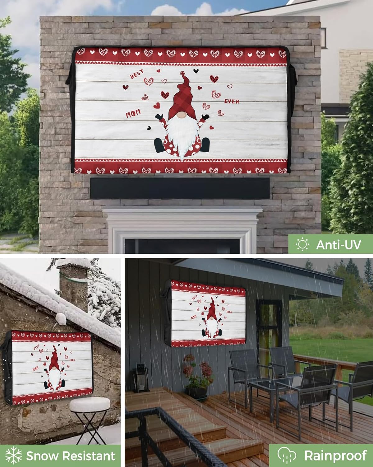 Outdoor TV Cover - Happy Mother's Day Cute Gnome Love Heart on Rustic Wooden Grain Waterproof and Weatherproof 30"-32" LCD Movable Shield TV Display Screen Protector Outside Television Covers