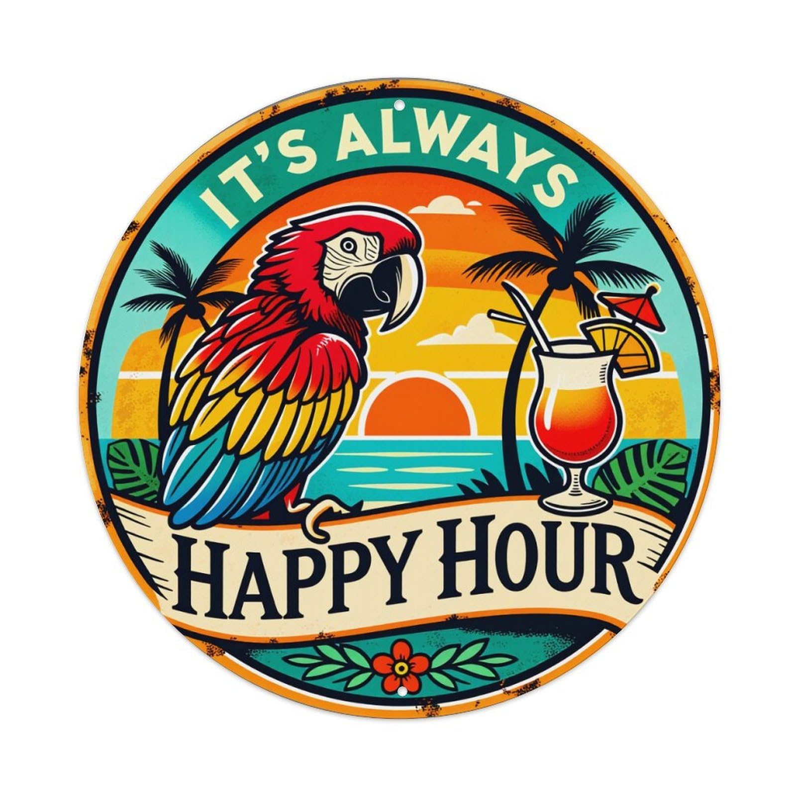 Tropical Parrot Sunset Cocktail Palm Round Tin Sign Vintage Metal Poster Retro Bar, Home, Man Cave, Kitchen, Laundry Room Wall Art Decor Gift 8x8Inch