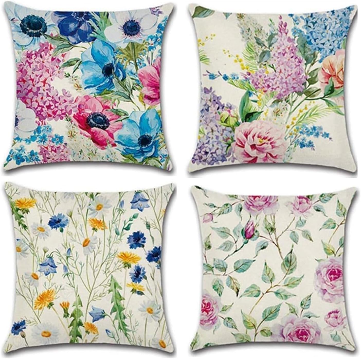 4 Packs Throw Pillow Cases - Cotton Linen Sofa & Bed Home Decor Design 45 X 45 CM Cushion Covers, Four Flowers