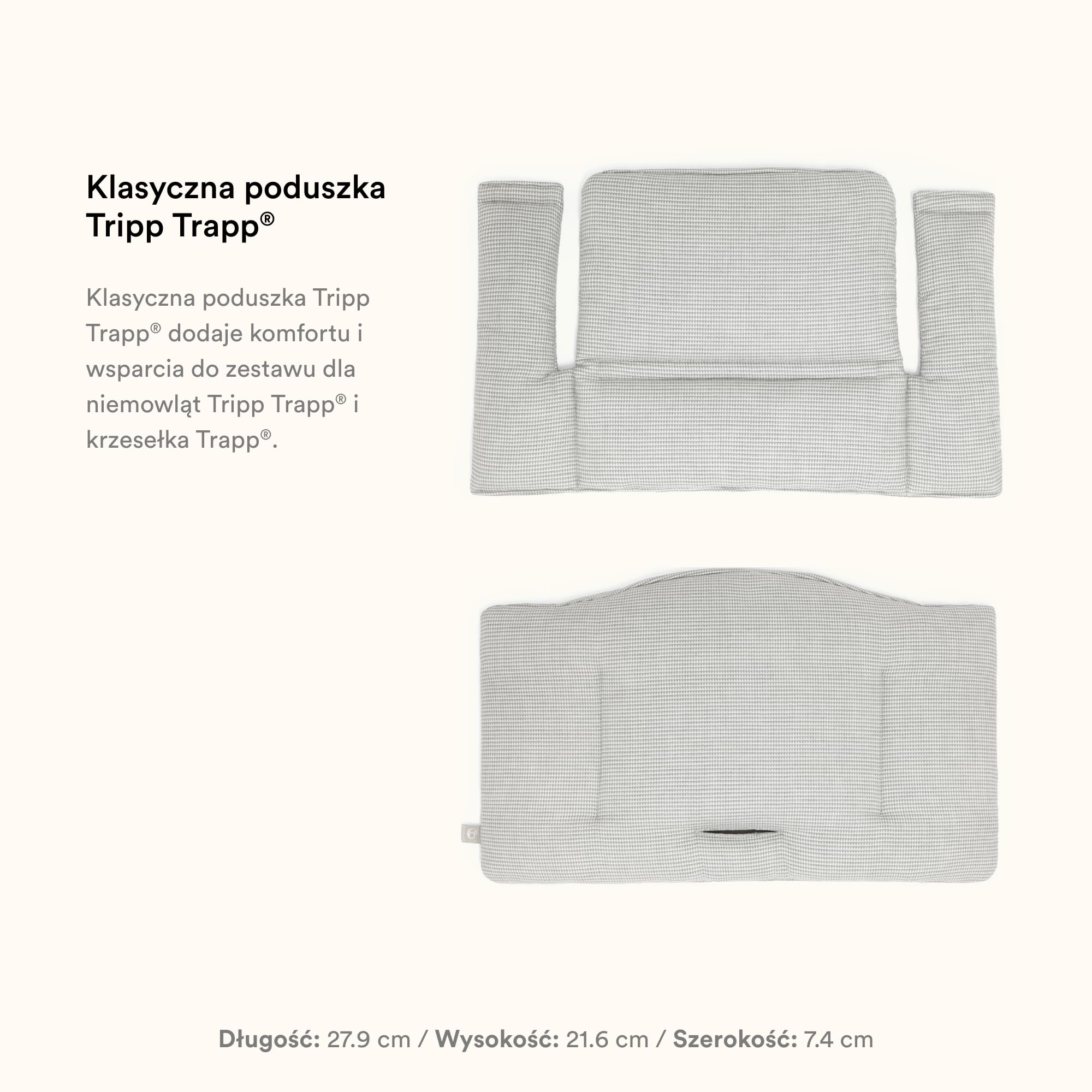 Stokke Tripp Trapp klasyczna poduszka, szara (nordic grey), para z krzesłem Tripp Trapp i wysokim krzesłem dla wsparcia i komfortu, można prać w pralce
