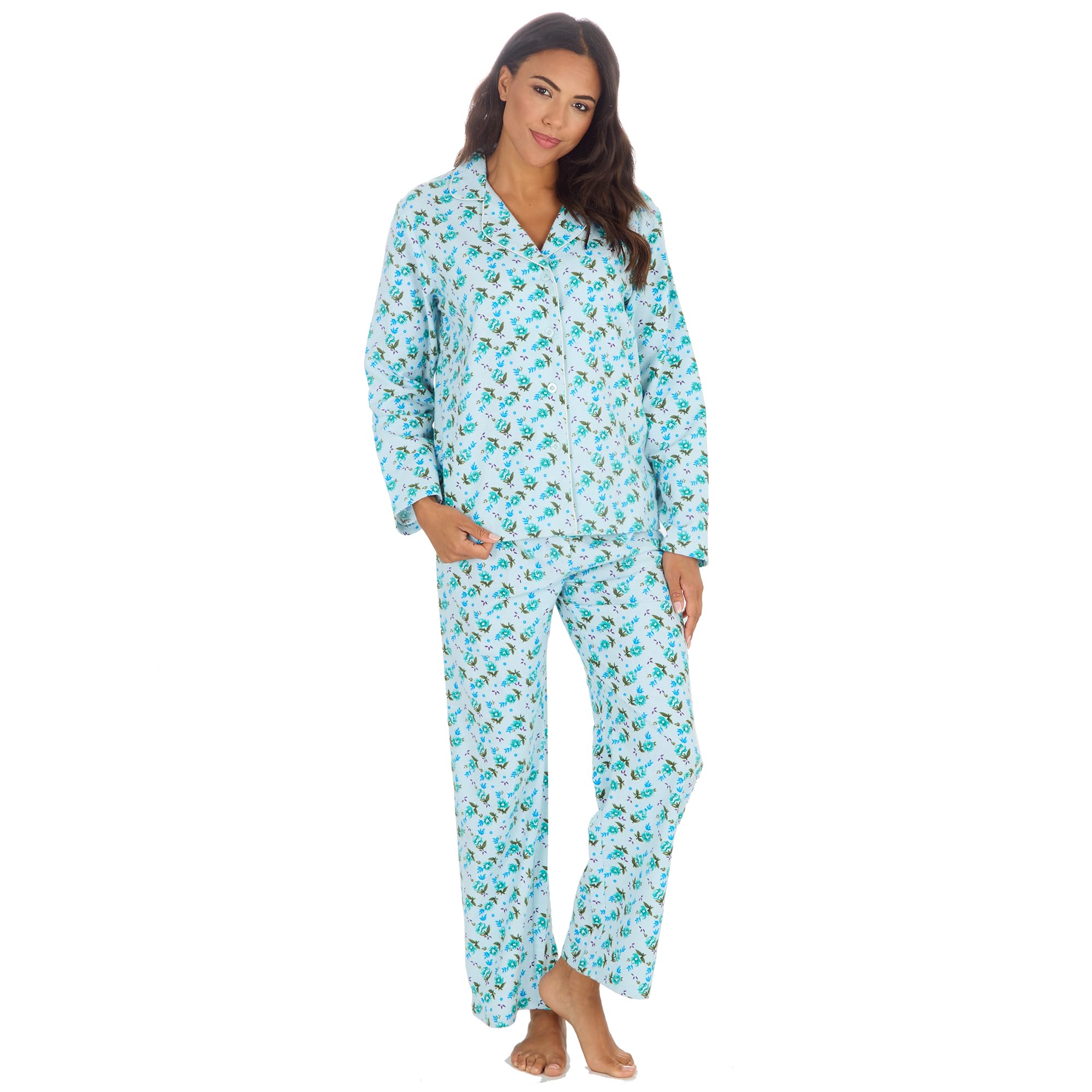 Metzuyan Women's Blue Ws-Aw24 Floral 100% Cotton Pyjama Set Flowers All Over Print Buttoned Longline Classic Pyjamas Uk 18-20