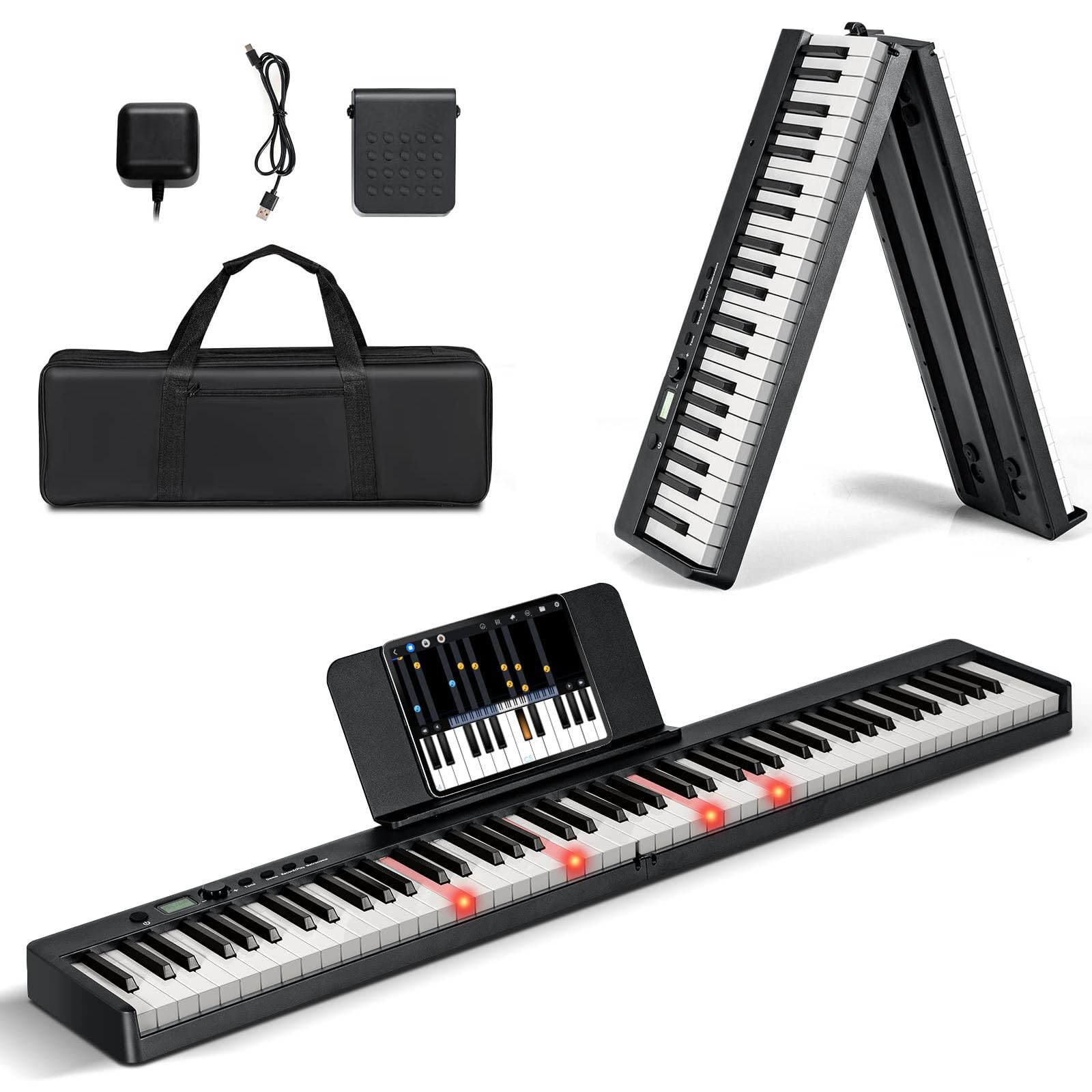 RELAX4LIFE Pianoforte Digitale 88 Tasti Semi-Pesati Pieghevole e Portabile con Custodia, Leggio, Sustain Pedali, Modalità di Insegnamento,MP3/USB/MIDI/Bluetooth, Nero