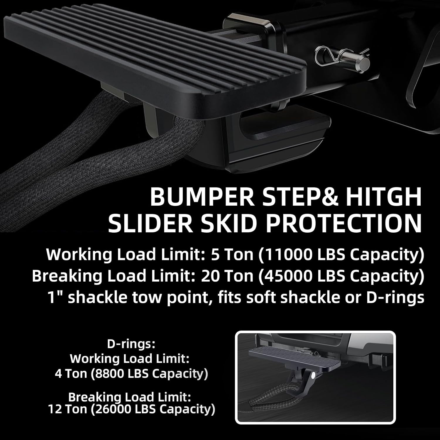 Hitch Step 2 Inch Receiver Slider with 3/4" D-Ring Shackle, Trailer Hitch Step for 45,000 lbs Towing Recovery, Hitch Step Skid Protection for Trucks & Off-Road Vehicles (Aluminum, Black) - Image 3