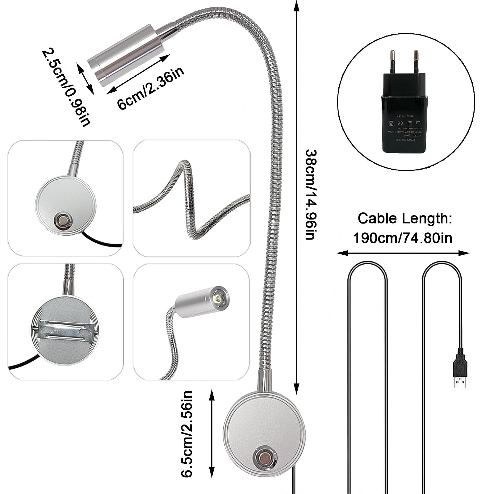2 Piezas Luz de Lectura Pared, Aplique de Pared Táctil LED Interior con Puerto USB Lámpara de Cuello de Cisne Flexible 360° Iluminación de Cabecera para Dormitorio con Adaptador de Alimentación