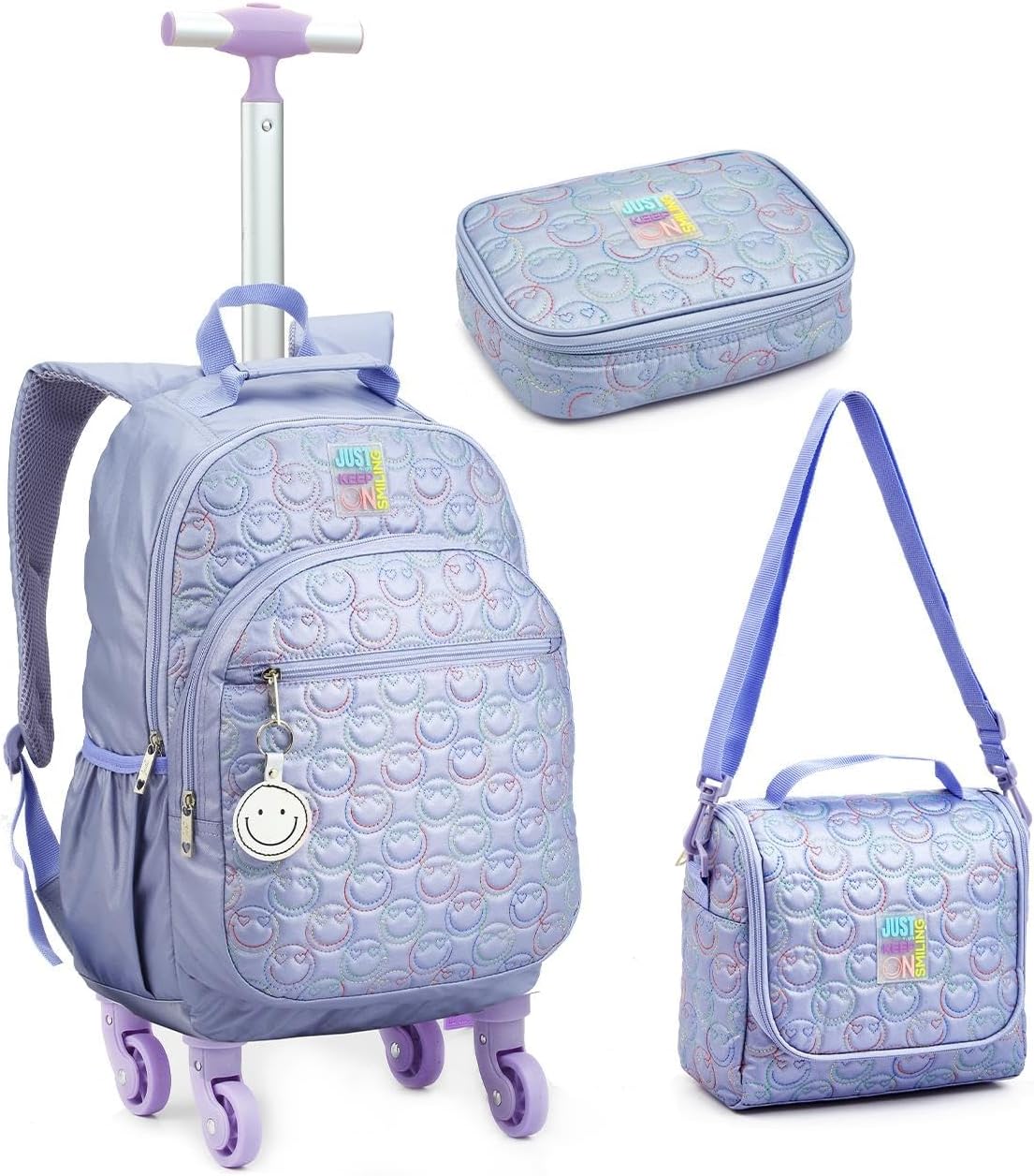 Kit Escolar Juvenil 3 Peças, Mochila de Rodinhas, Lancheira Térmica e Estojo com Estampa Estilosa, Infantil para Meninas