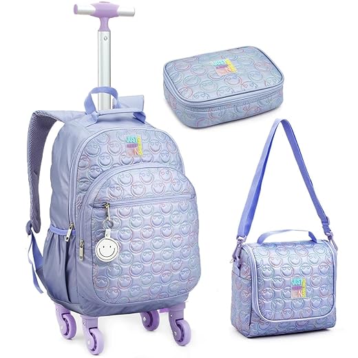 Kit Escolar Juvenil 3 Peças, Mochila de Rodinhas, Lancheira Térmica e Estojo com Estampa Estilosa, Infantil para Meninas