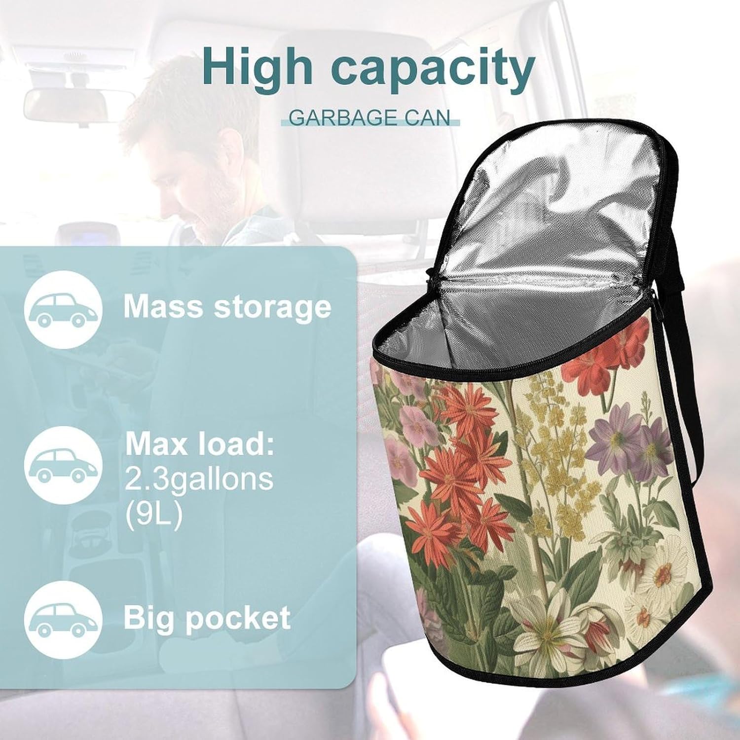 MUSM Leakproof Car Trash Can 2.5 Gallon, Durable Automotive Garbage Bag with Waterproof Liner, Various Flowers Trash Bag for Car, Truck, RV & Bathroom