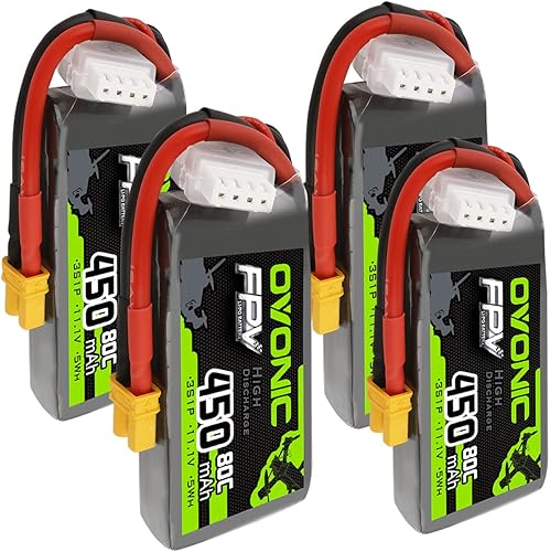 OVONIC 3S Lipo Batería 80C 450mAh 11.1V Lipo Batería con conector XT30 para RC FPV Racing Drone Quadcopter (4 paquetes)