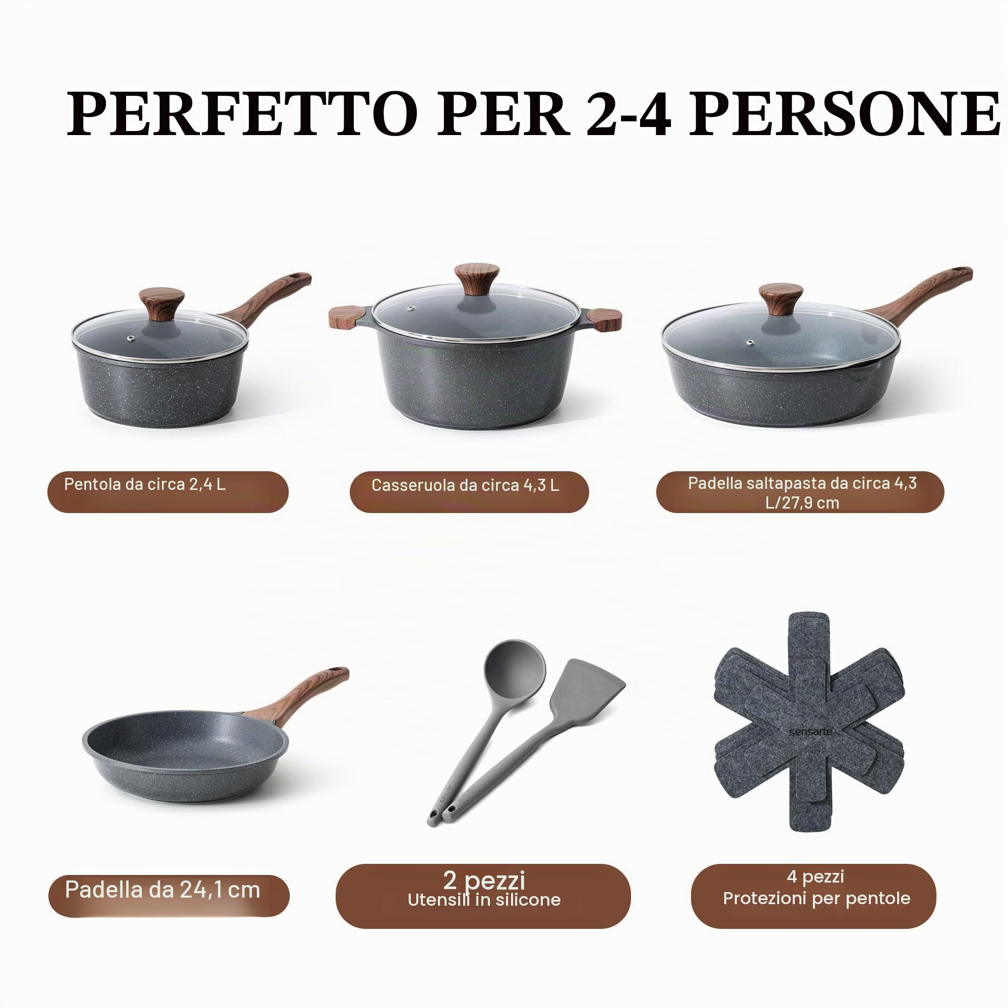 SENSARTE Set di Pentole in Granito 13 Pezzi, Padelle Antiaderente con Manici Isolanti, Padella 24/28 cm & Pentola 20/24 cm, Facile da Pulire