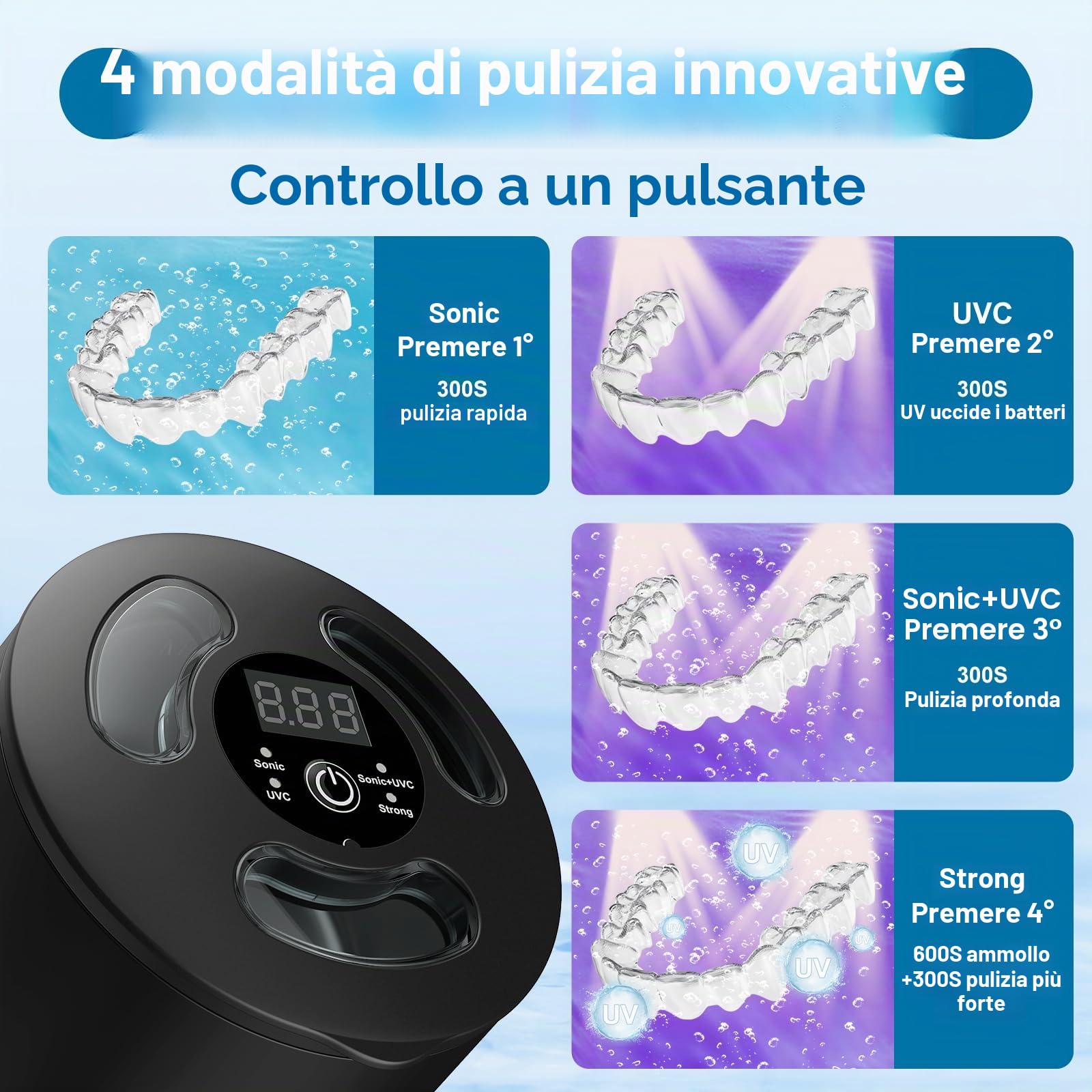 Pulitore Ultrasuoni Apparecchio Denti con Sterilizzatore UV,Alta Frequenza a 45 kHz Clean Pod,4 Modalità per Apparecchi Ortodontici, Bite Notturni, Allineatori ecc.,200 ml,Nero