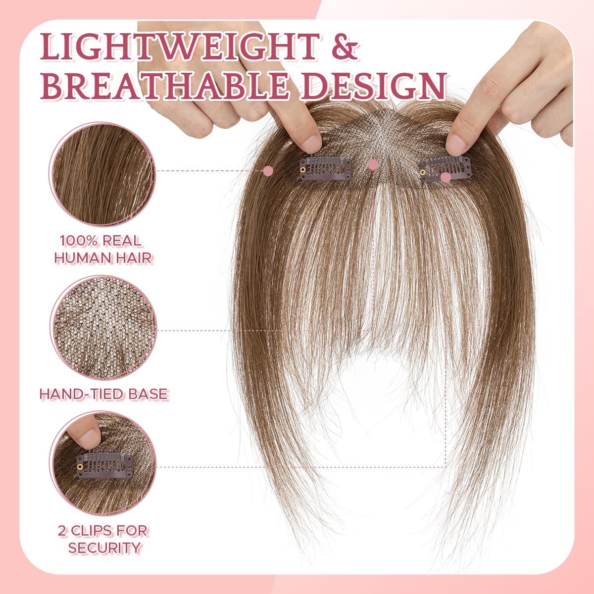 SEGO Pro Clip in Fringe Remy Human Hair Piece, Hand Tied Lace Base, Invisible Hairline, 2 Comb Clips - Image 2