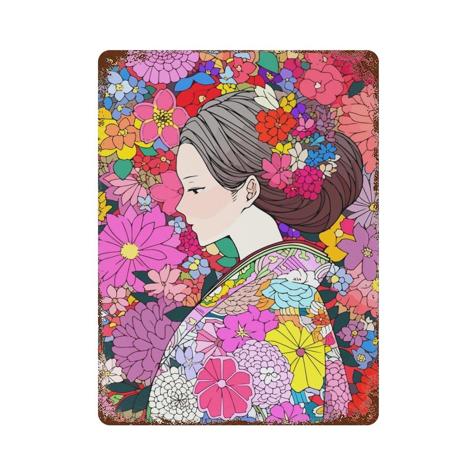 Japan Woman Kimono Flowers Vintage Rust Metal Sign 15.7"x11.8", for Basement, Hobby Room And Garage Decor, Farmhouse Wall Decor