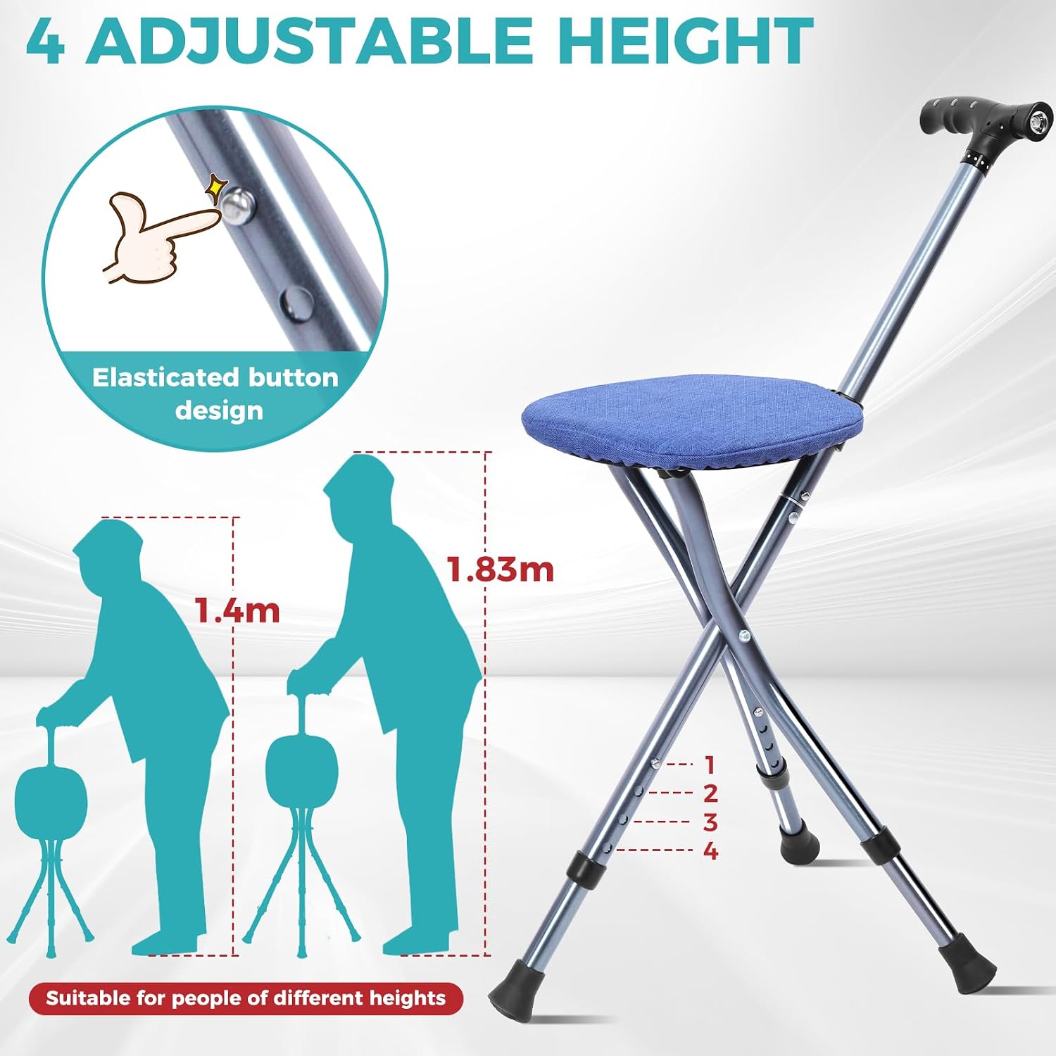 ENLUNTRA Portable Adjustable Folding Walking Cane with Seat and Cushion，Cane seat for Seniors with Magnetic Massage Handle, Lightweight Walking Cane with LED Light，Supports up to 330 Pounds