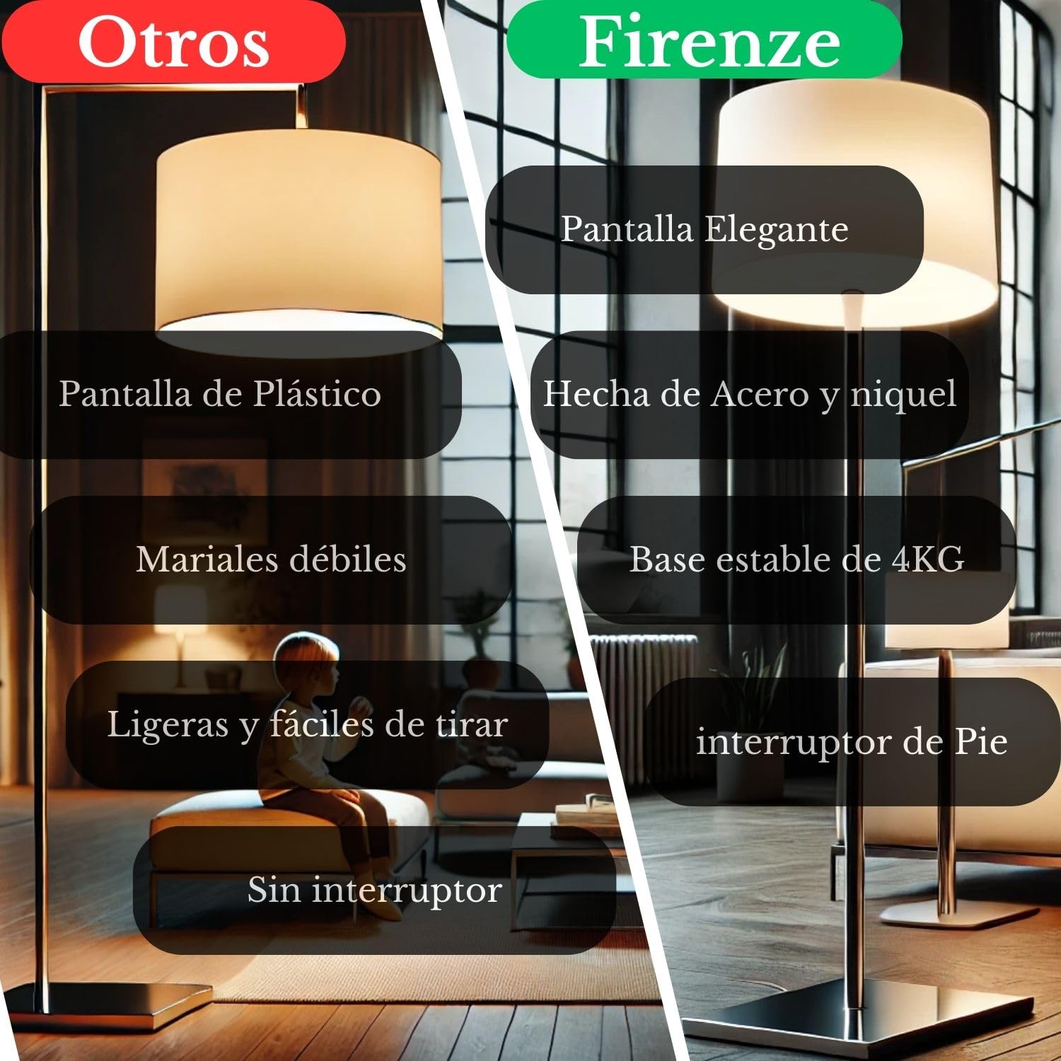 lampara de pie salon FIRENZE -lámpara pie de níquel satinado pantalla blanca incluida - lamparas de pie - E27 IP20 - lamparas de pie para salon - candeeiro de pé - floor lamp