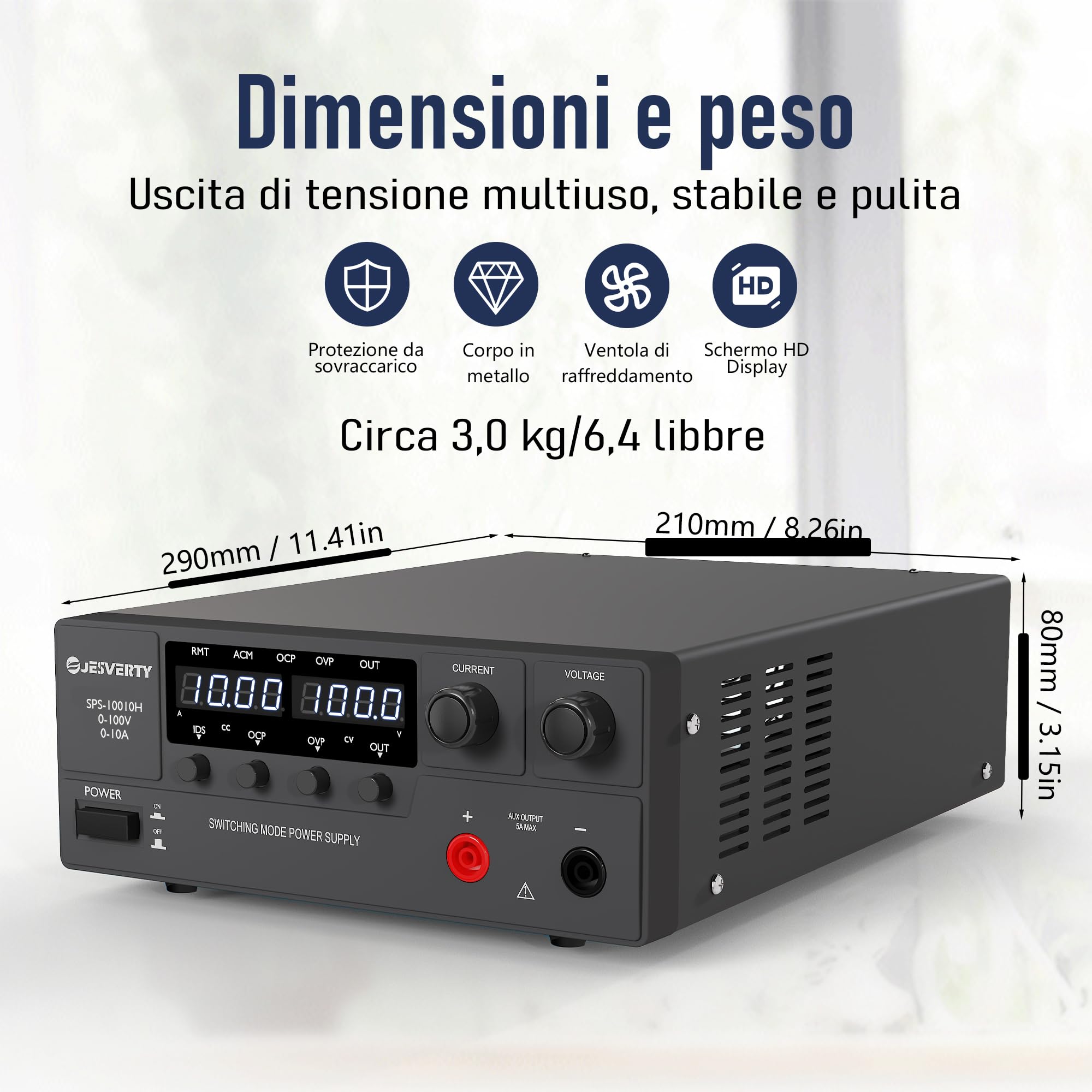 Alimentatore CC variabile, 0-100V 0-10A Alimentatore da banco CC regolato a commutazione con manopola encoder, interruttore di accensione/spegnimento dell'uscita, display a LED a 4 cifre, OVP e OCP